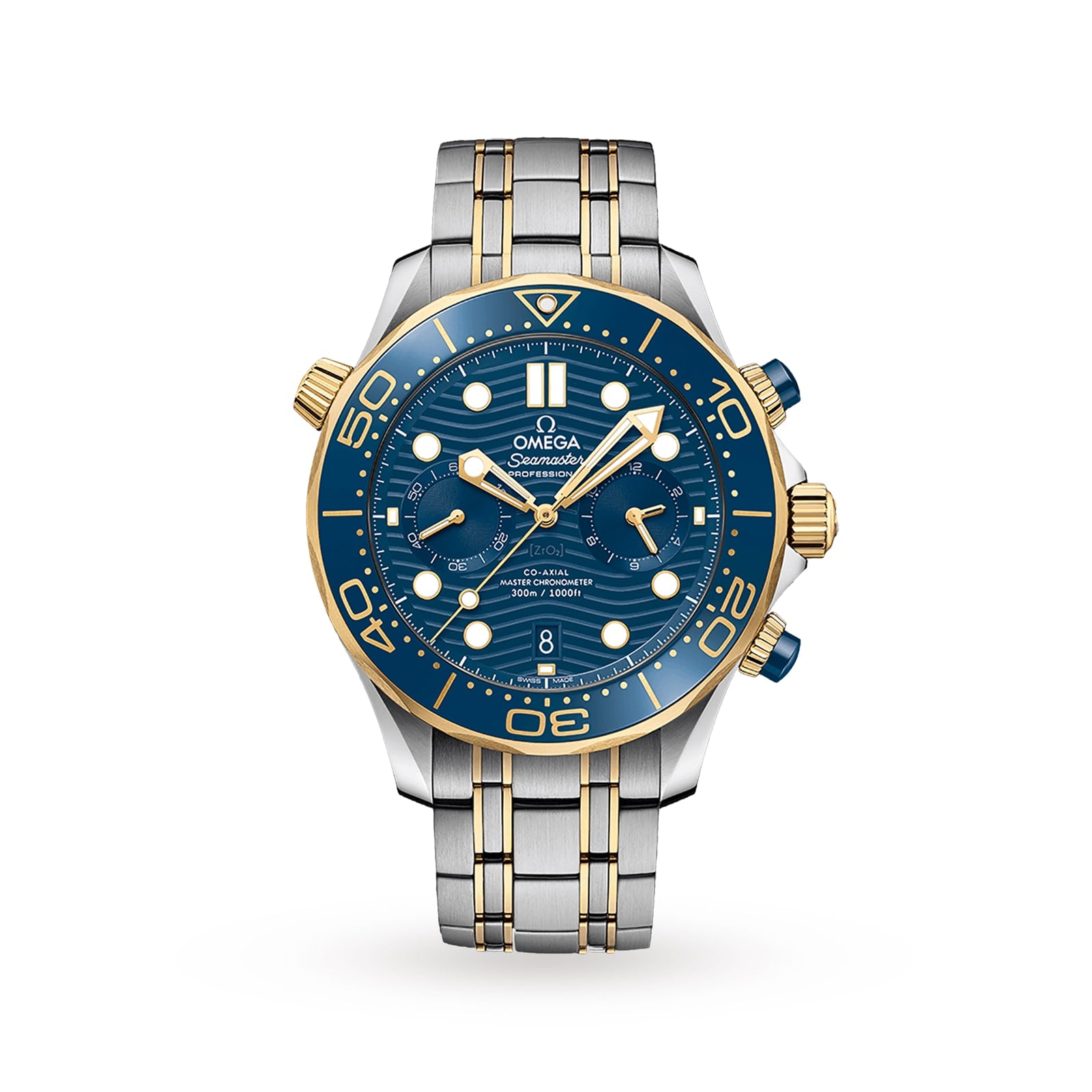 The OMEGA Seamaster Diver 300M features a blue dial, gold accents, and a stainless steel and gold bracelet, with chronograph subdials, rotating bezel, and is powered by the OMEGA Calibre 9900.