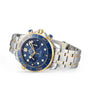 An OMEGA Seamaster Diver 300M wristwatch in stainless steel and gold with a blue dial, gold bezel, Calibre 9900 movement, and chronograph features is shown on a white background.