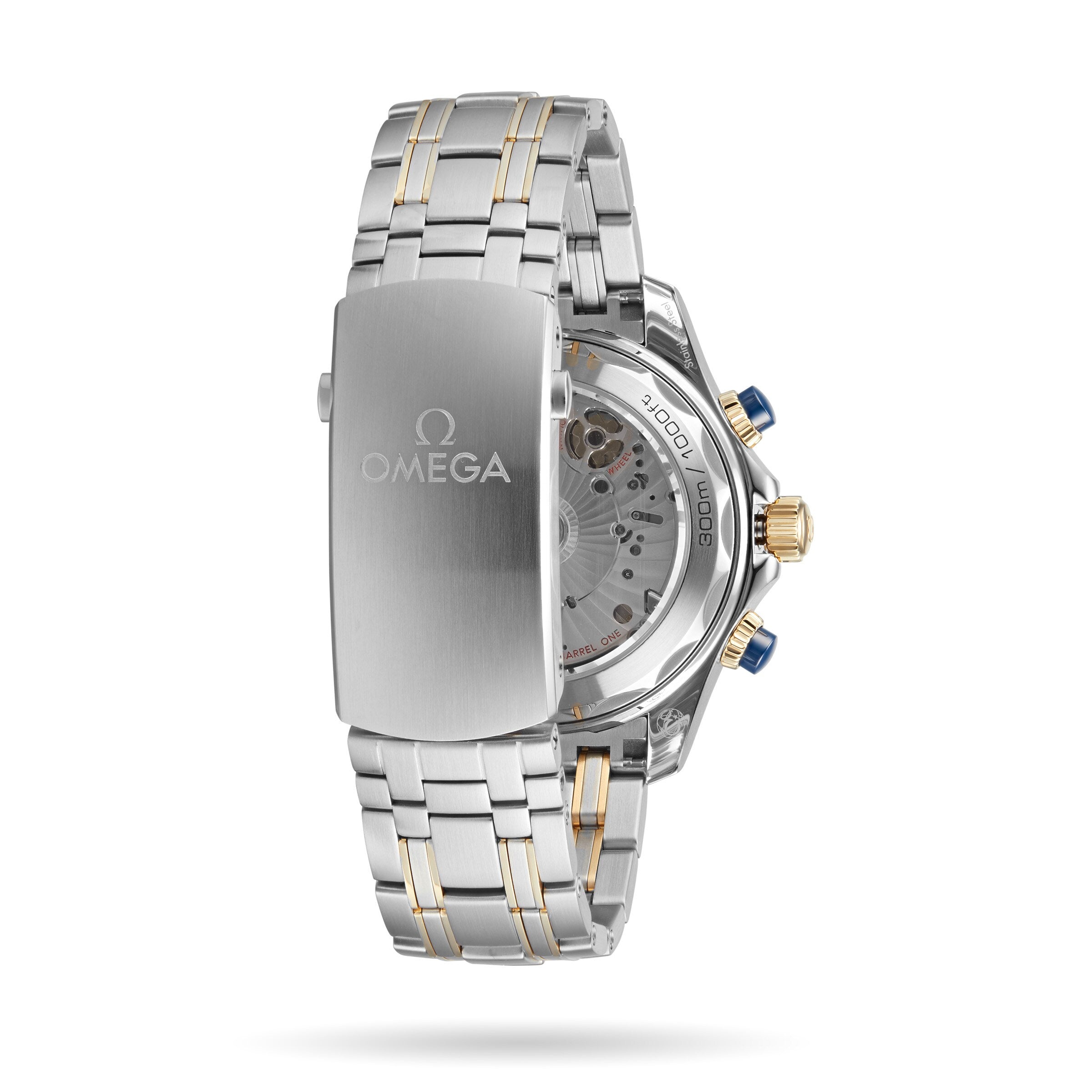 Back view of an OMEGA Seamaster Diver 300M in silver and gold, featuring a clasp with the OMEGA logo and the mechanical movement visible through the transparent case back.