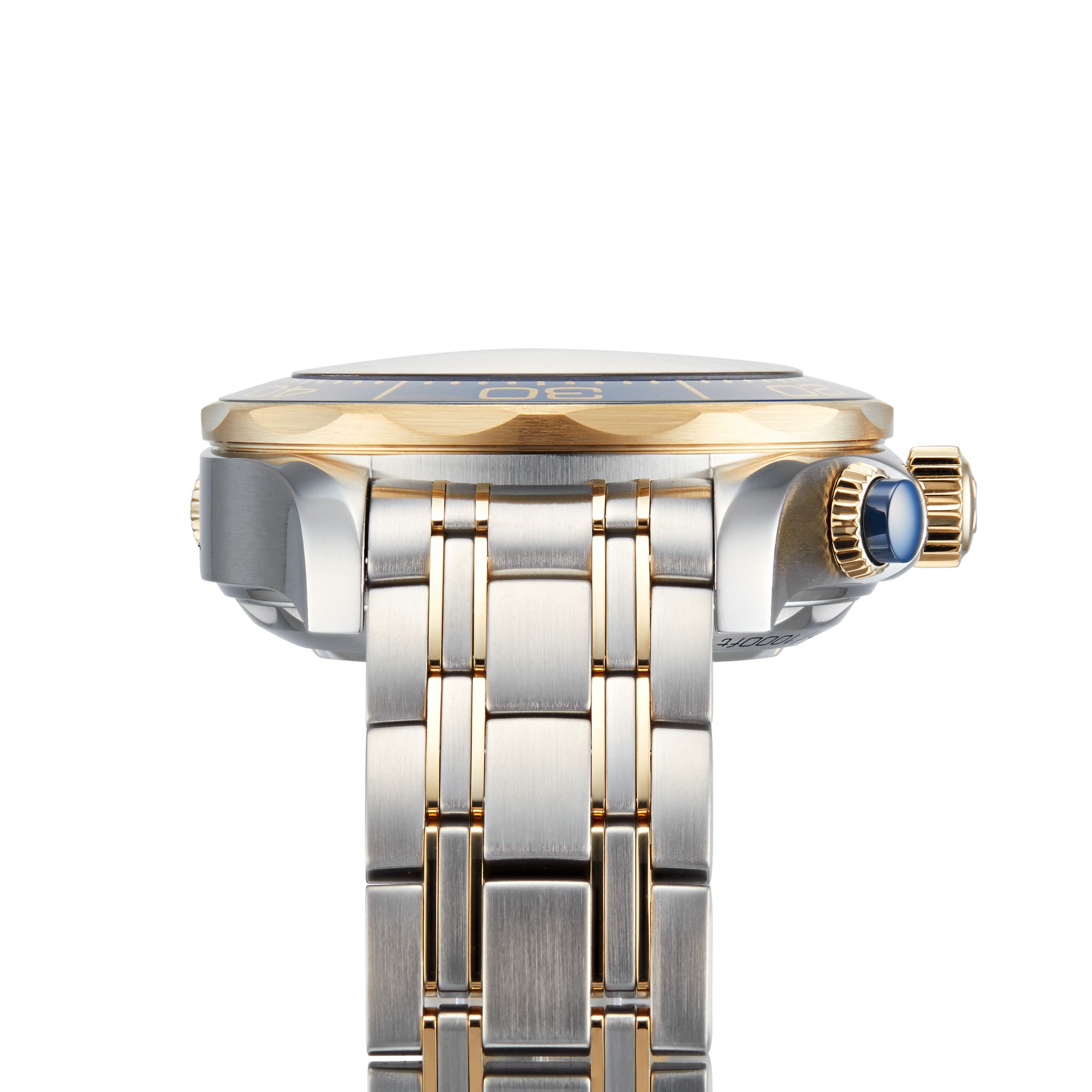 Close-up side view of the OMEGA Seamaster Diver 300M, a two-tone wristwatch featuring a blue crown and gold accents on the bracelet and bezel, set against a white background.