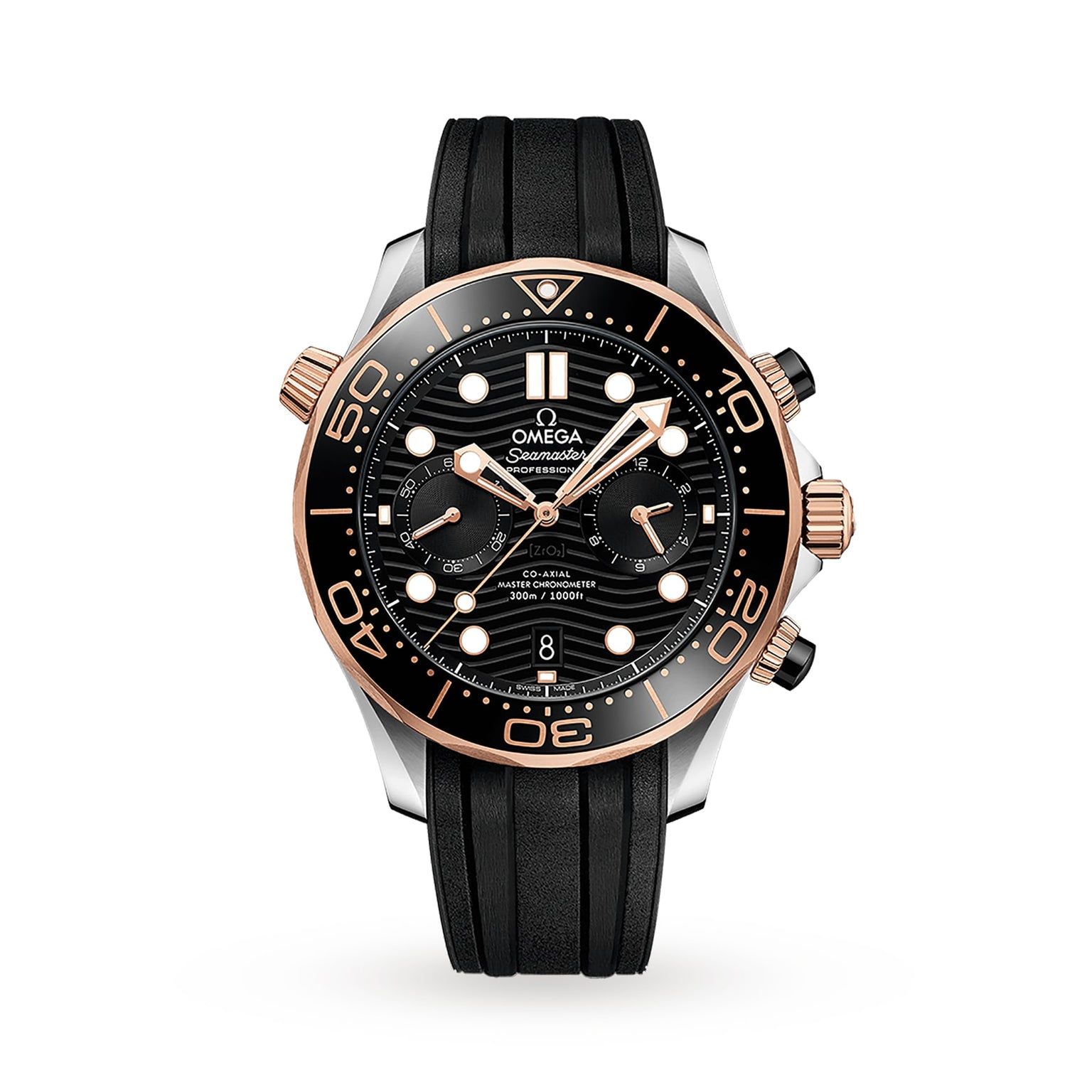 The OMEGA Seamaster Diver 300M, famed as the James Bond watch, boasts a black and rose gold bezel, a black dial with white markers, and a black rubber strap, set elegantly against a white background.
