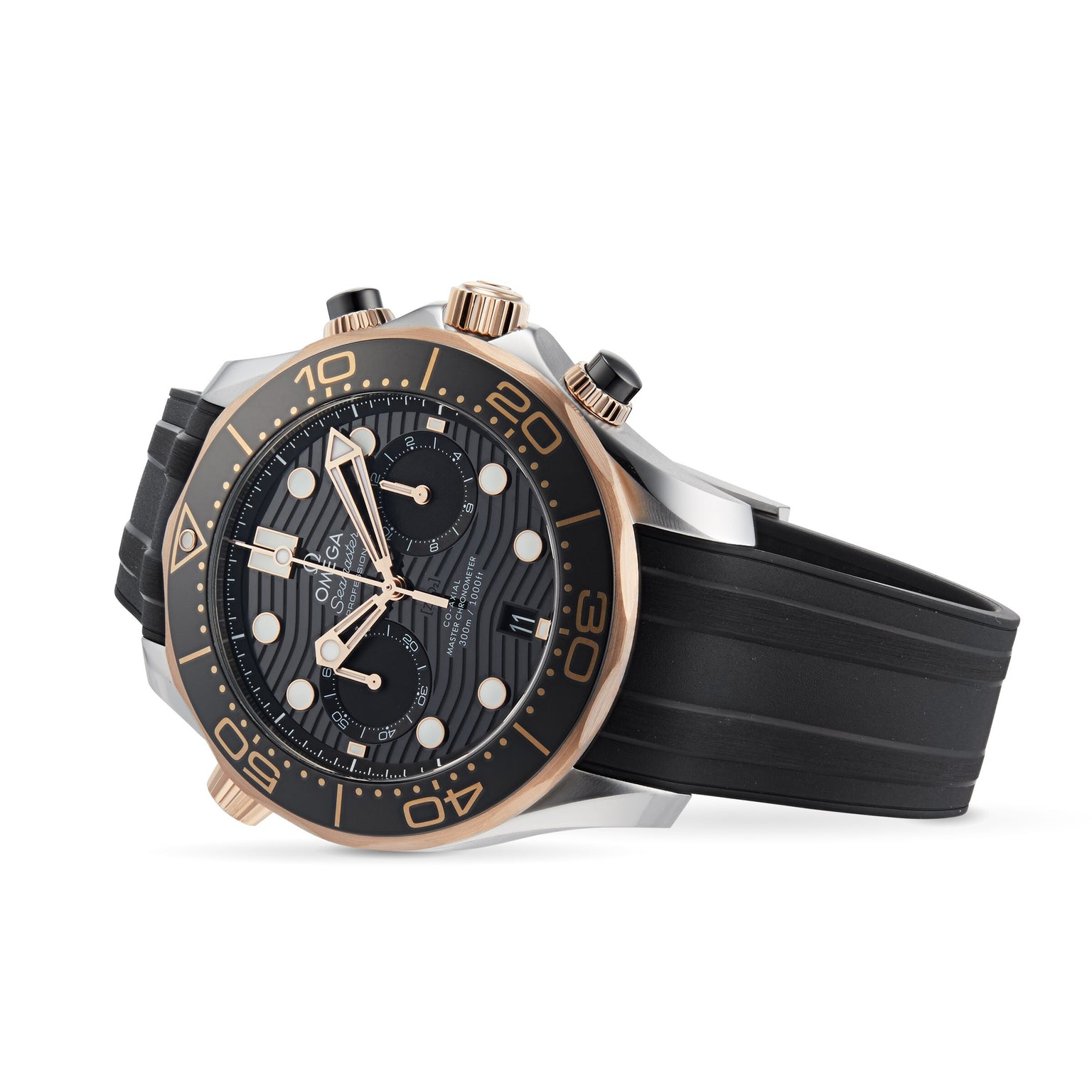 The OMEGA Seamaster Diver 300M, featuring a black textured dial with gold accents, three subdials, and a black rubber strap, is displayed on a white background.