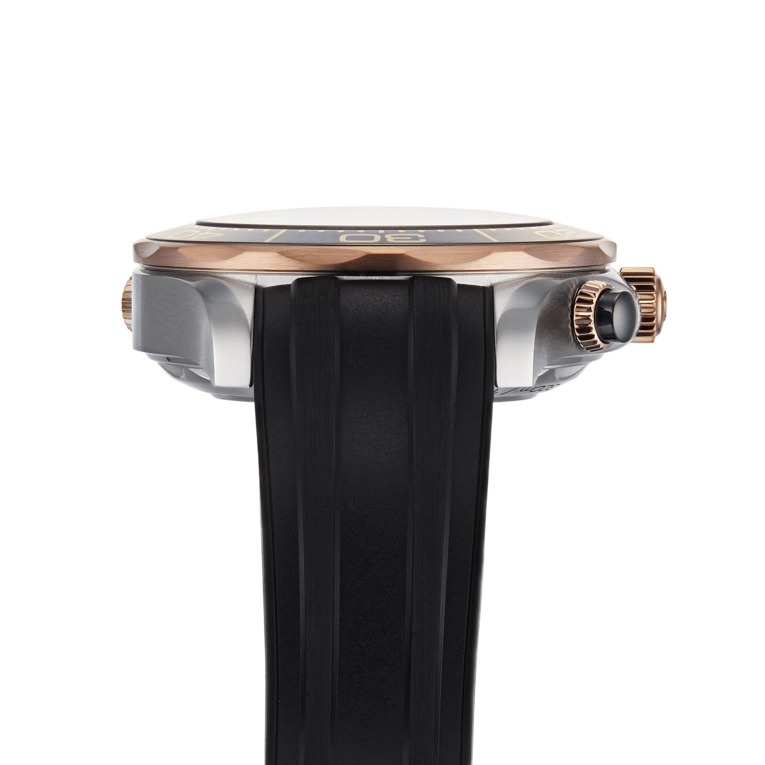 Side view of the OMEGA Seamaster Diver 300M, featuring a black rubber strap, rose gold bezel, and a crown with a black accent.