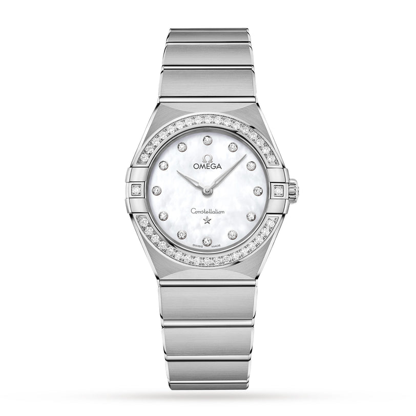 An OMEGA Constellation wristwatch with a stainless steel band, silver finish, diamond hour markers, and a diamond-paved bezel, shown on a white background.