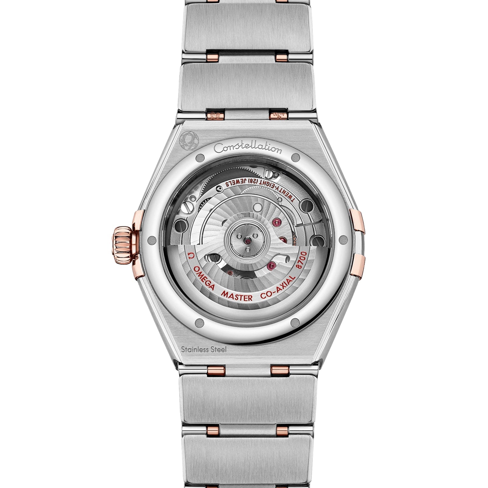 Back view of the OMEGA Constellation watch showcasing its transparent case back, which reveals the Master Chronometer Calibre 8700 movement along with detailed engravings on the metal case and bracelet.