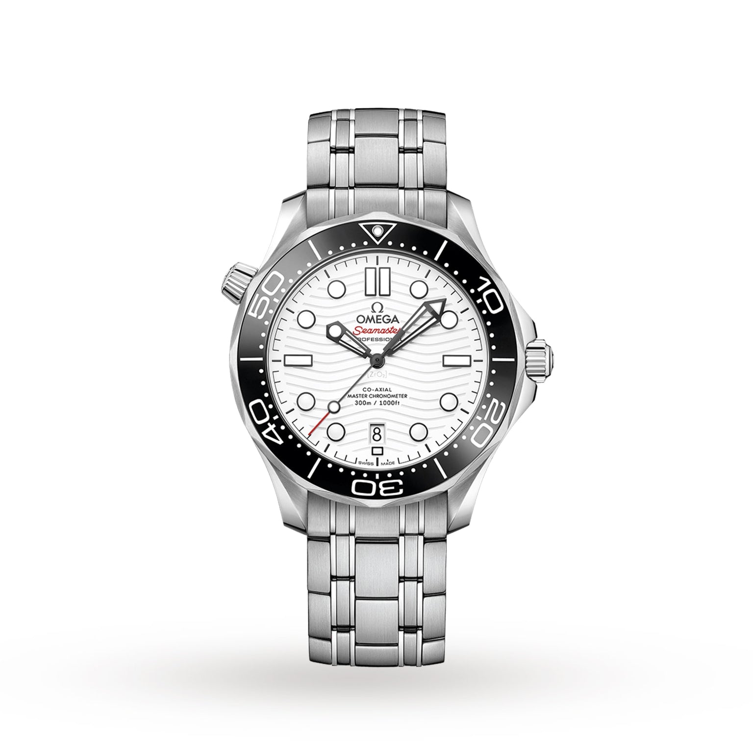 An OMEGA Seamaster Diver 300M silver wristwatch with a white dial, black bezel, and metal bracelet, featuring the OMEGA Calibre 8800, is shown against a plain white background.