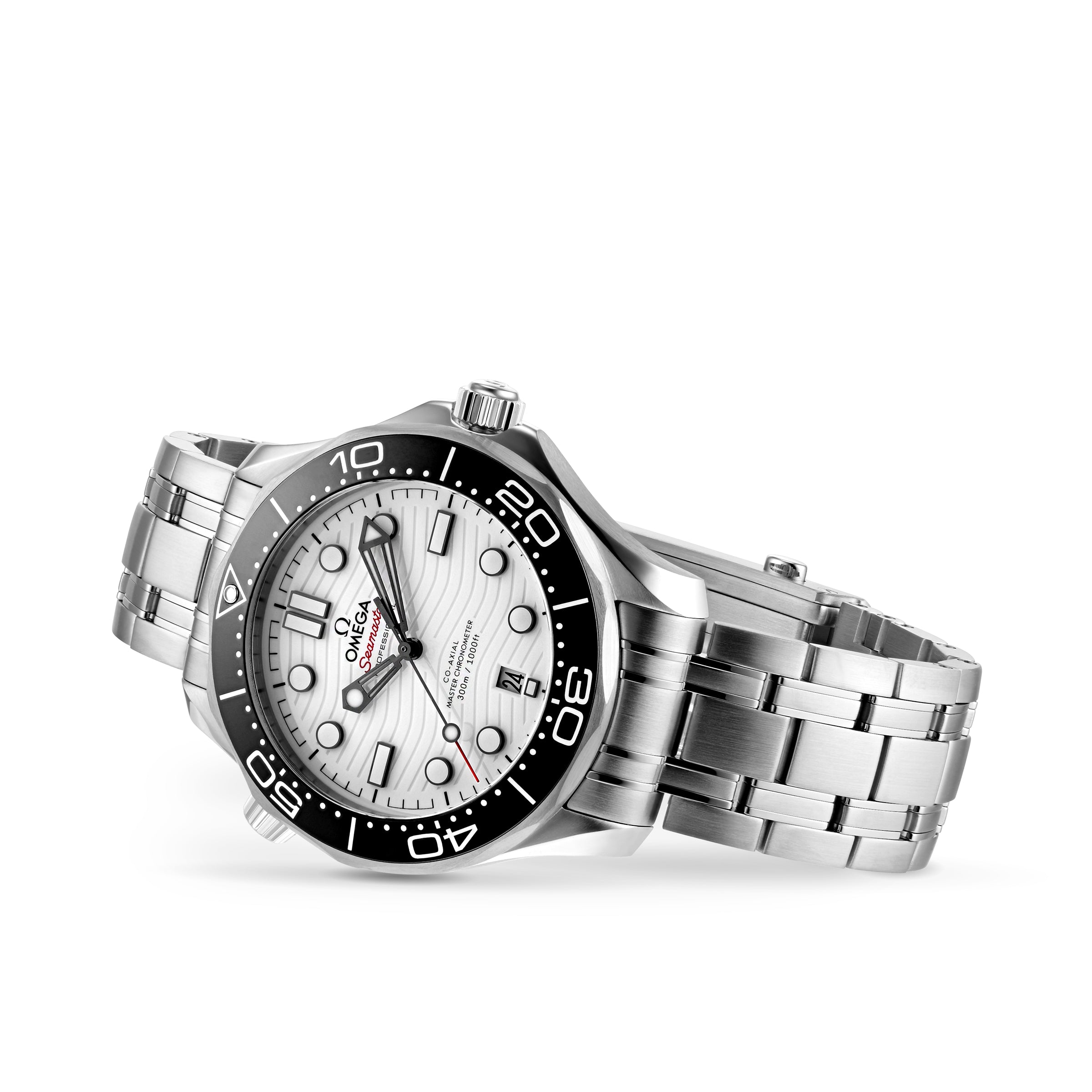 An OMEGA Seamaster Diver 300M in stainless steel features a silver bracelet, white dial, black bezel, and red details. Displayed on a white background, it is METAS-approved.