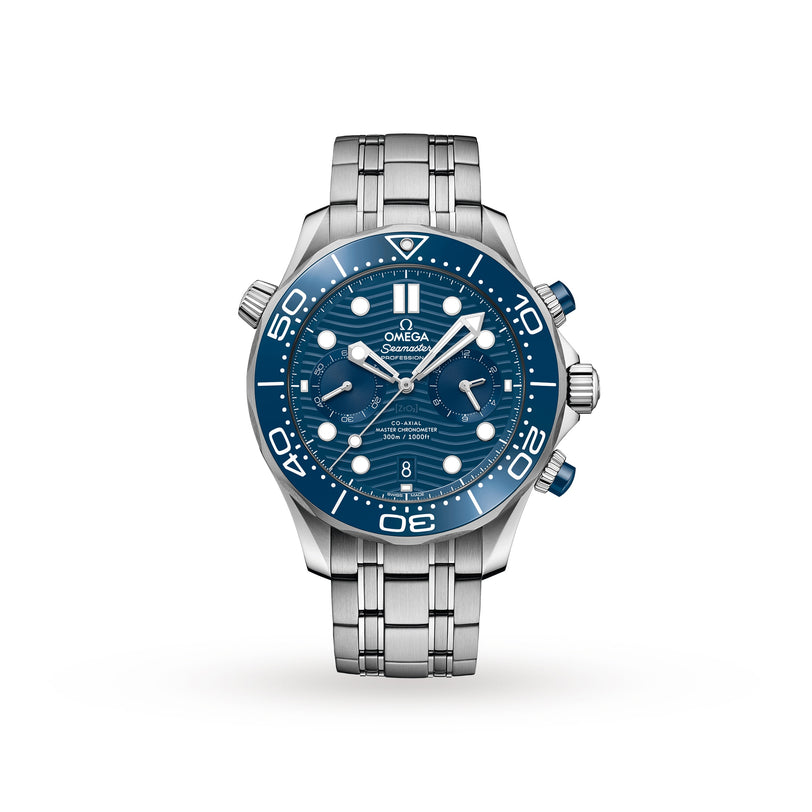 The OMEGA Seamaster Diver 300M, the iconic James Bond watch, features a blue dial and bezel, Co-Axial Master Chronometer movement, date display, and chronograph functions in polished stainless steel.
