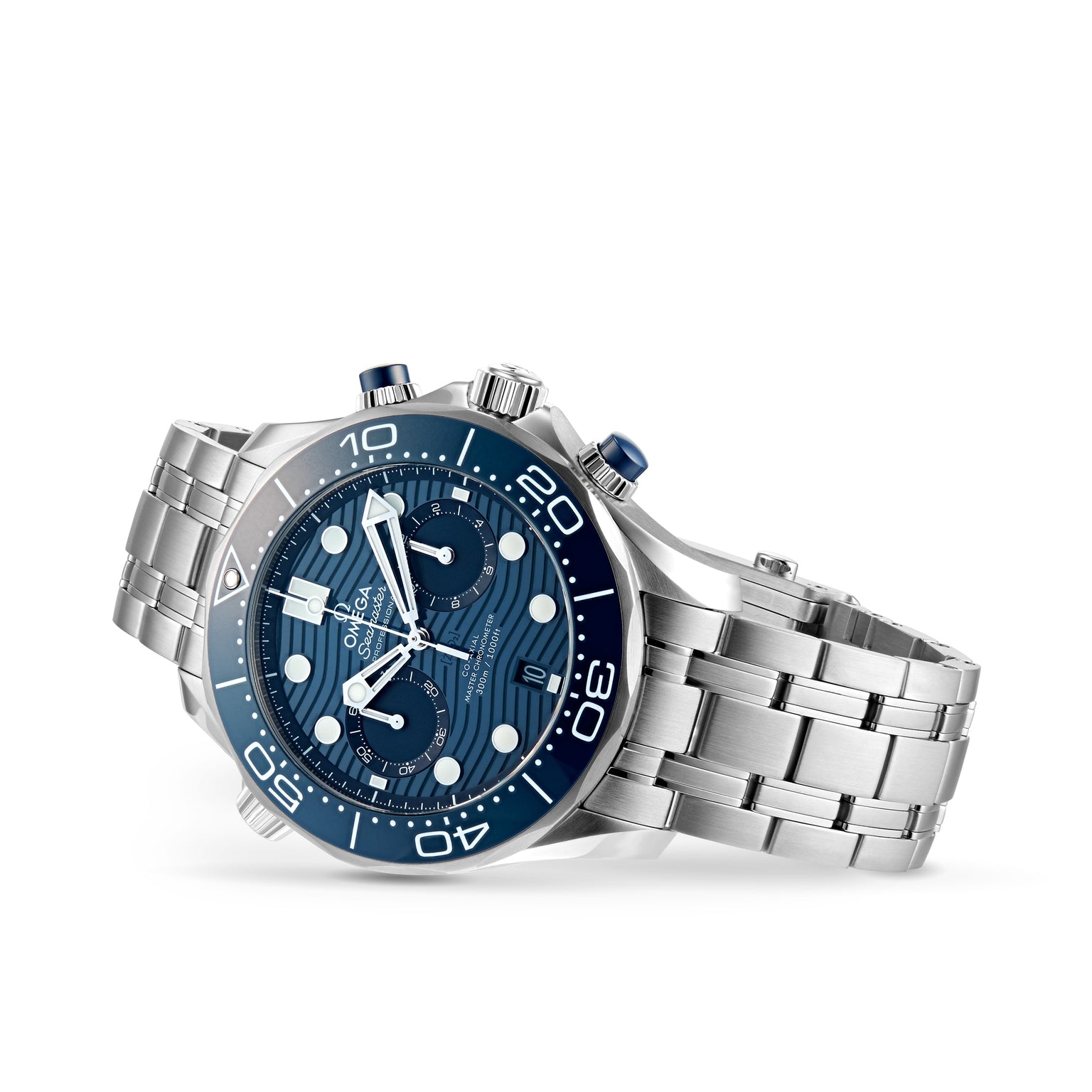 An OMEGA Seamaster Diver 300M stainless steel watch with a blue dial, chronograph subdials, and metal bracelet is angled on a white background.