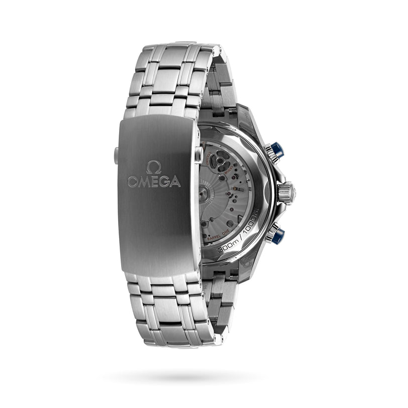 The OMEGA Seamaster Diver 300M features a silver stainless steel bracelet, visible clasp with engraved OMEGA logo, and a partially exposed mechanical movement on the back—showcasing timeless elegance.