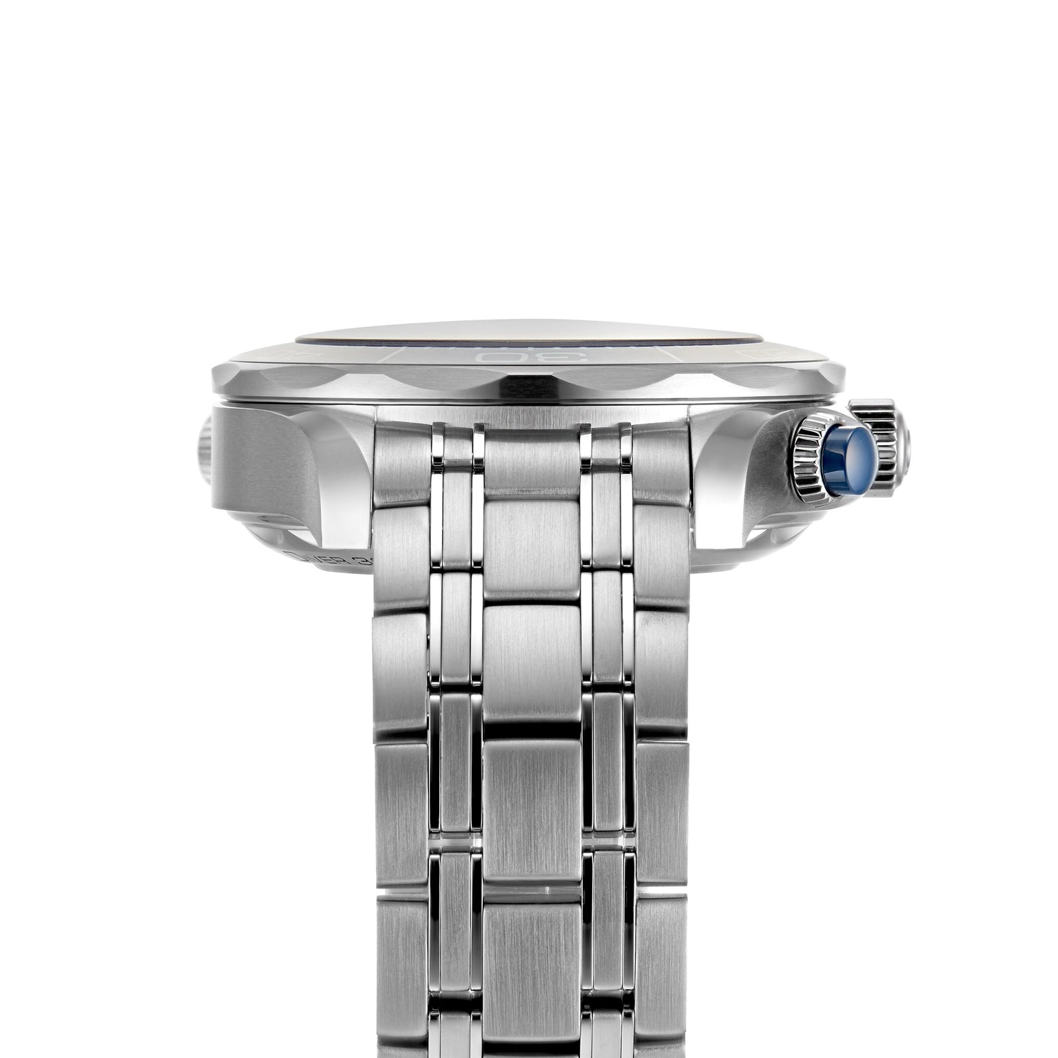 Close-up side view of an OMEGA Seamaster Diver 300M stainless steel watch with a metal bracelet and blue-accented crown, inspired by the iconic James Bond timepiece.