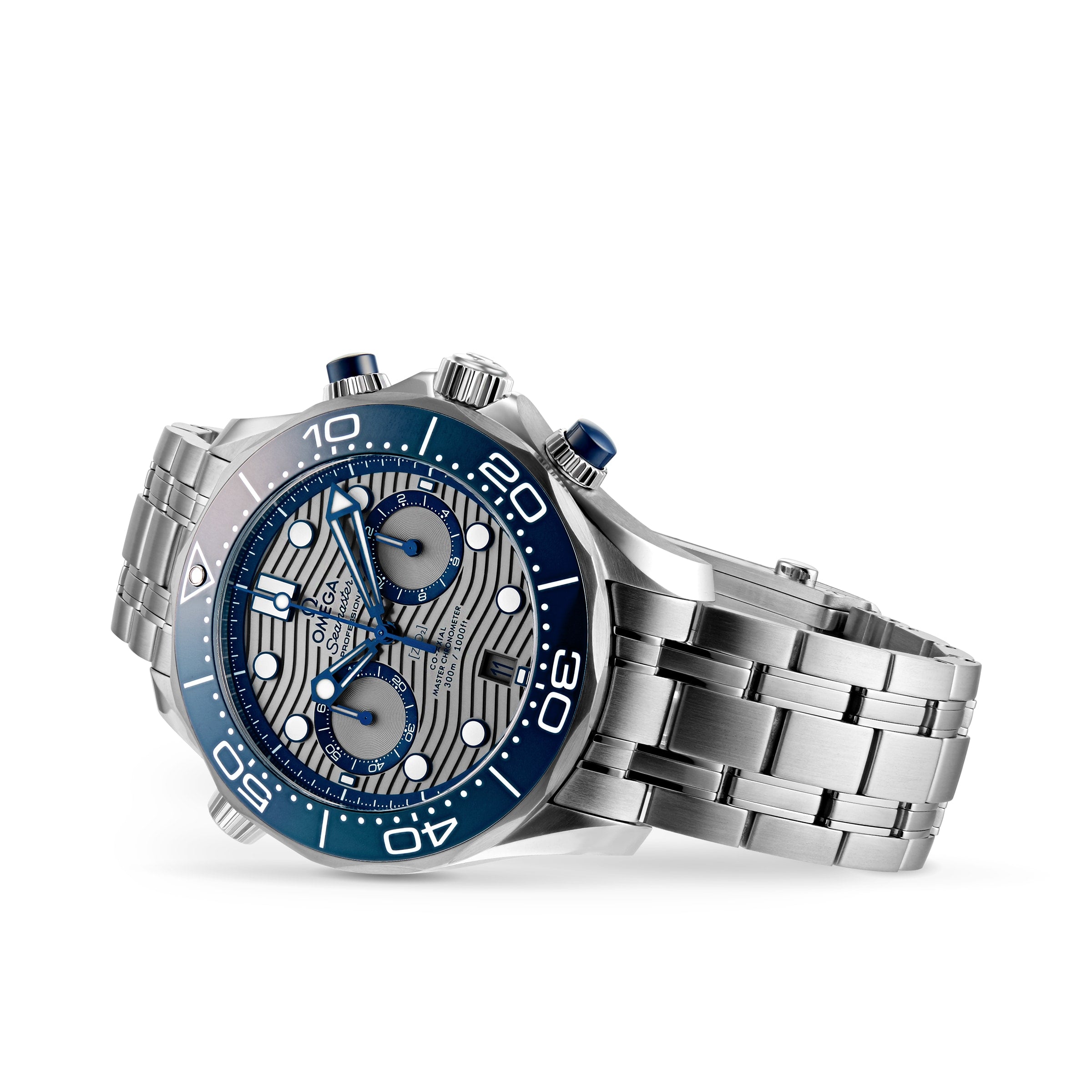 An OMEGA Seamaster Diver 300M stainless steel watch with a silver and blue face, chronograph subdials, and a blue bezel is angled on a white background.