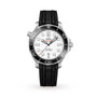 The OMEGA Seamaster Diver 300M features a white dial, black ceramic bezel, and black rubber strap, powered by the OMEGA Calibre 8800. Shown on a plain white background.