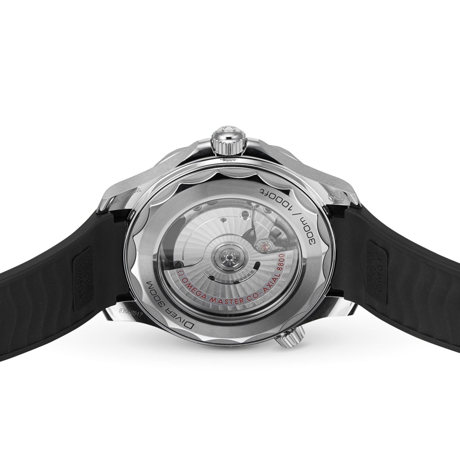A close-up view of the back of an OMEGA Seamaster Diver 300M shows its automatic movement, Diver 300M markings, and a black rubber strap paired with a sleek black ceramic bezel.