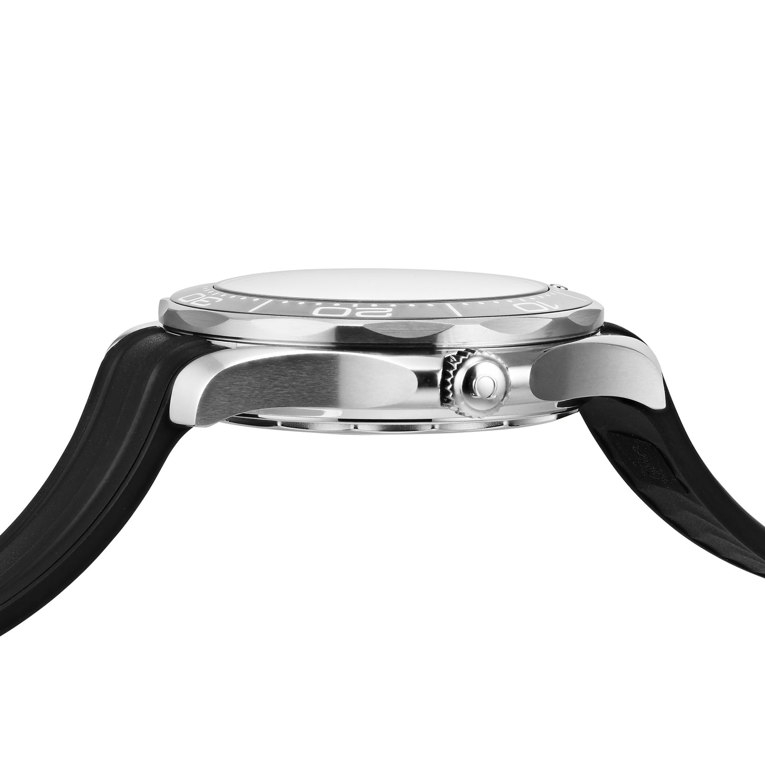 Side view of an OMEGA Seamaster Diver 300M wristwatch with a round silver case, black rubber strap, black ceramic bezel, and textured crown, photographed against a white background.
