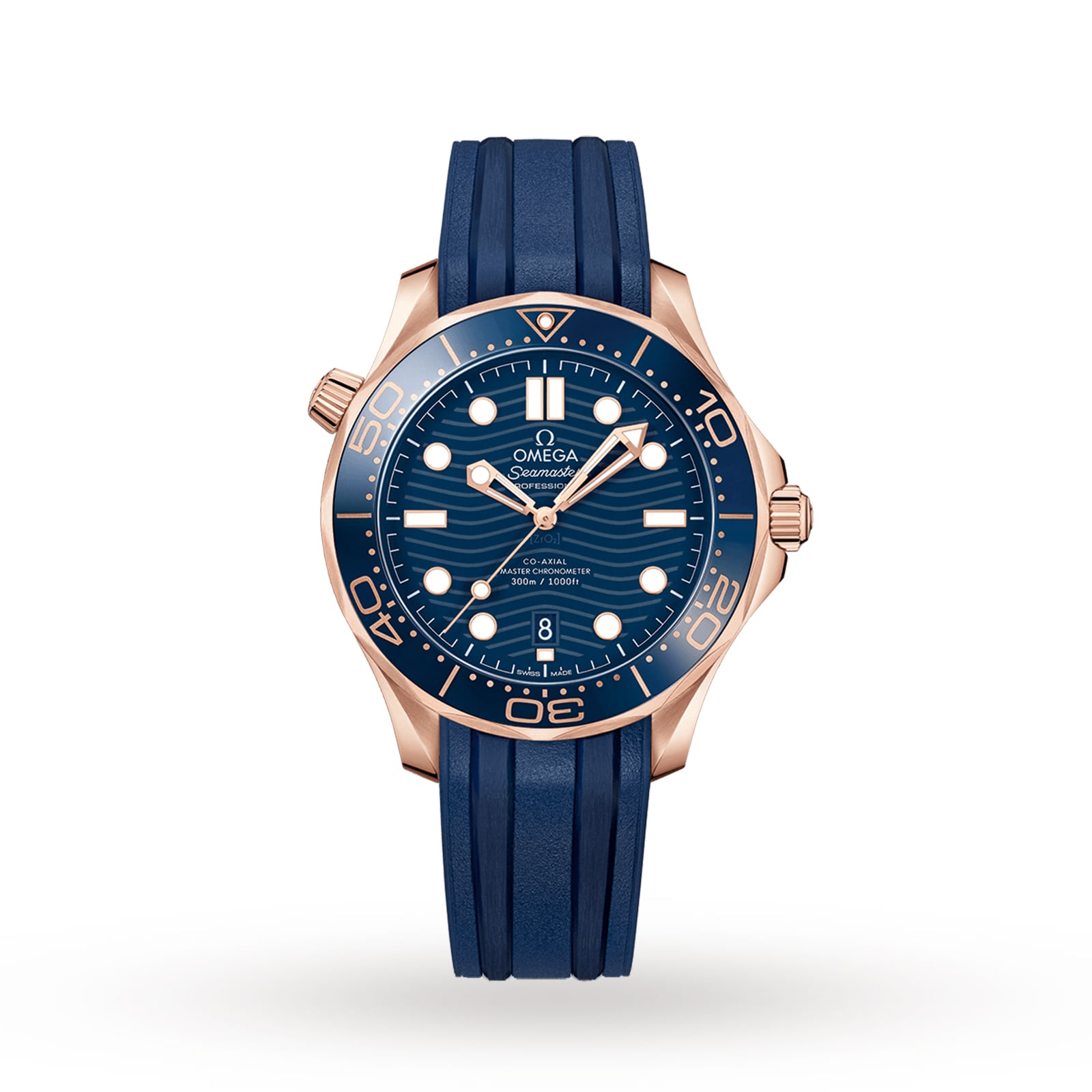 An OMEGA Seamaster Diver 300M in blue and rose gold, featuring a blue rubber strap, blue dial, and date display, shown on a plain white background.