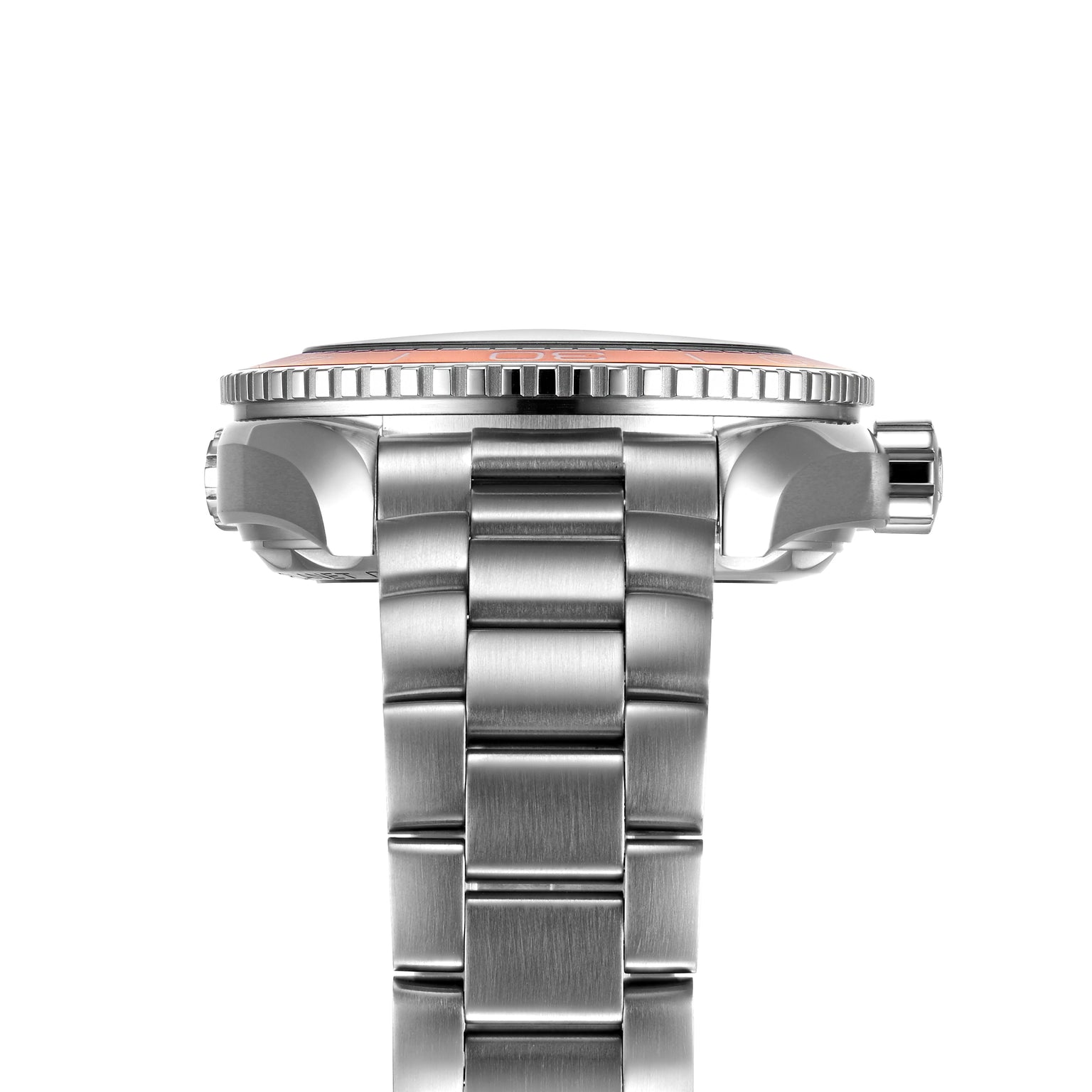 Side view of the OMEGA Seamaster Planet Ocean 600M stainless steel diving watch with a metal bracelet, highlighting the crown and bezel against a white background—a nod to classic OMEGA design.