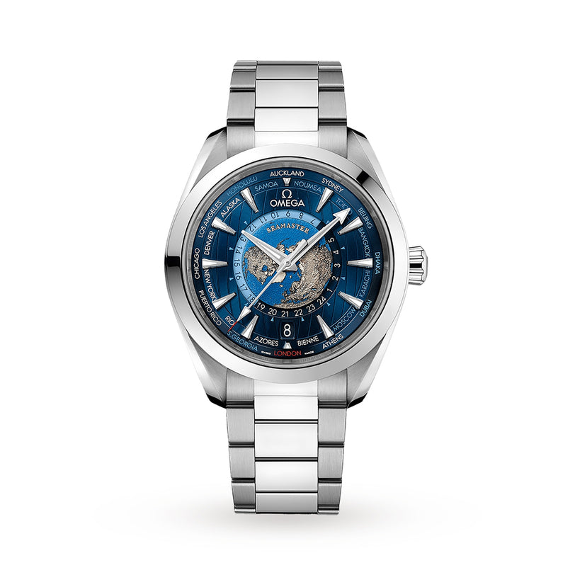 The OMEGA Seamaster Aqua Terra 150M is a silver wristwatch with a blue world map dial, silver hour markers, and a stainless steel bracelet, part of the Worldtimer collection featuring laser-ablated cities around the face.