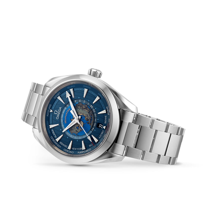 The OMEGA Seamaster Aqua Terra 150M wristwatch showcases a blue world map dial with laser-ablation, silver hour markers, and a metal link bracelet, all set against a white background.