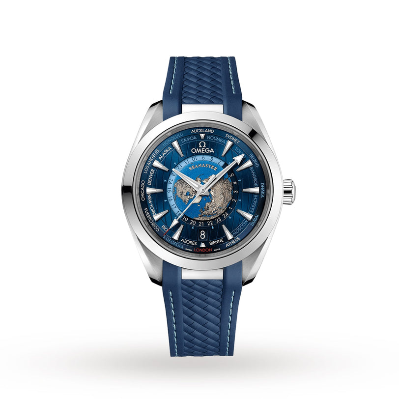 A blue OMEGA Seamaster Aqua Terra 150M wristwatch featuring a textured strap, multiple time zones, and a detailed world map on the dial.