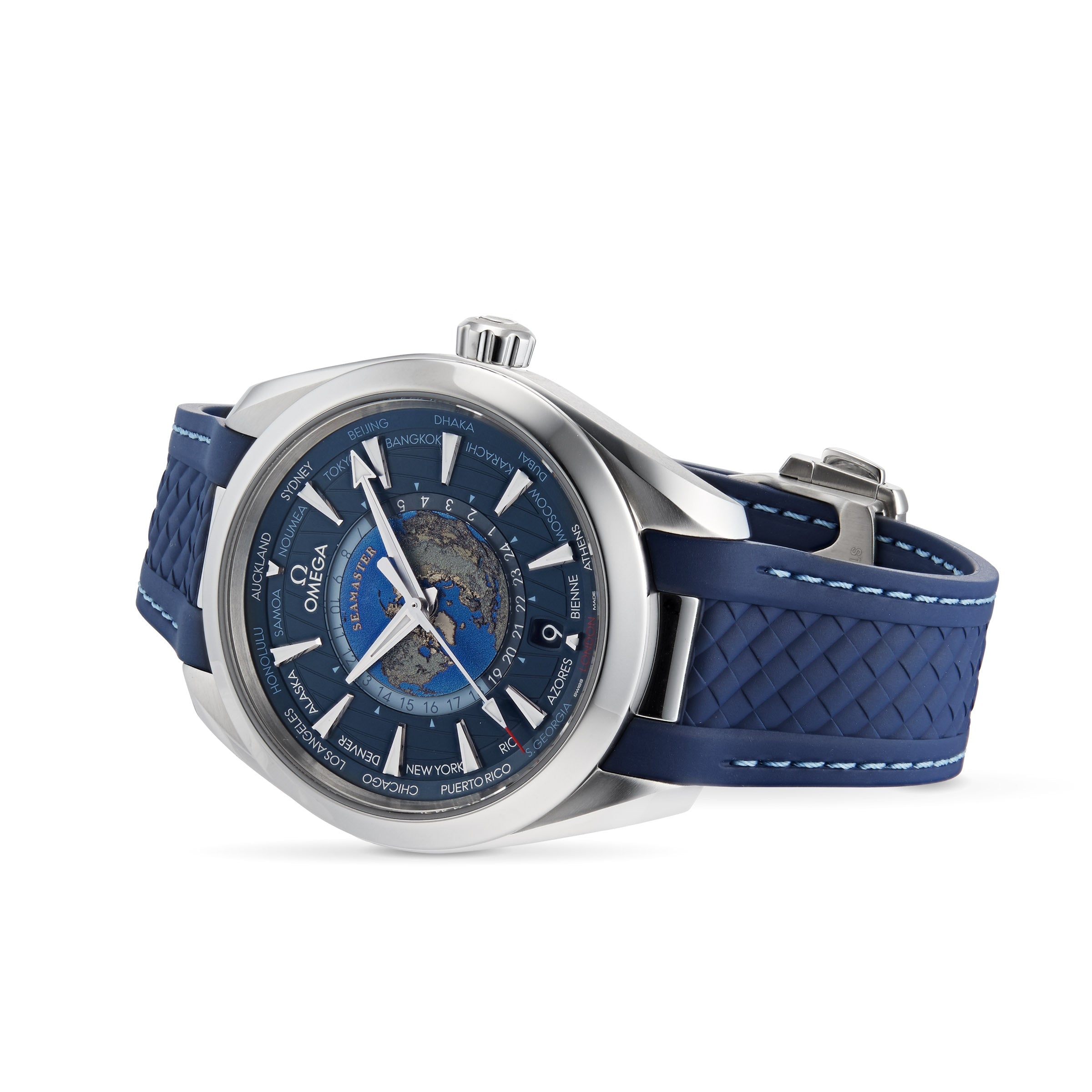 A blue and silver OMEGA Seamaster Aqua Terra 150M watch with a textured blue strap, blue dial, and city names around the bezel, displayed against a white background.