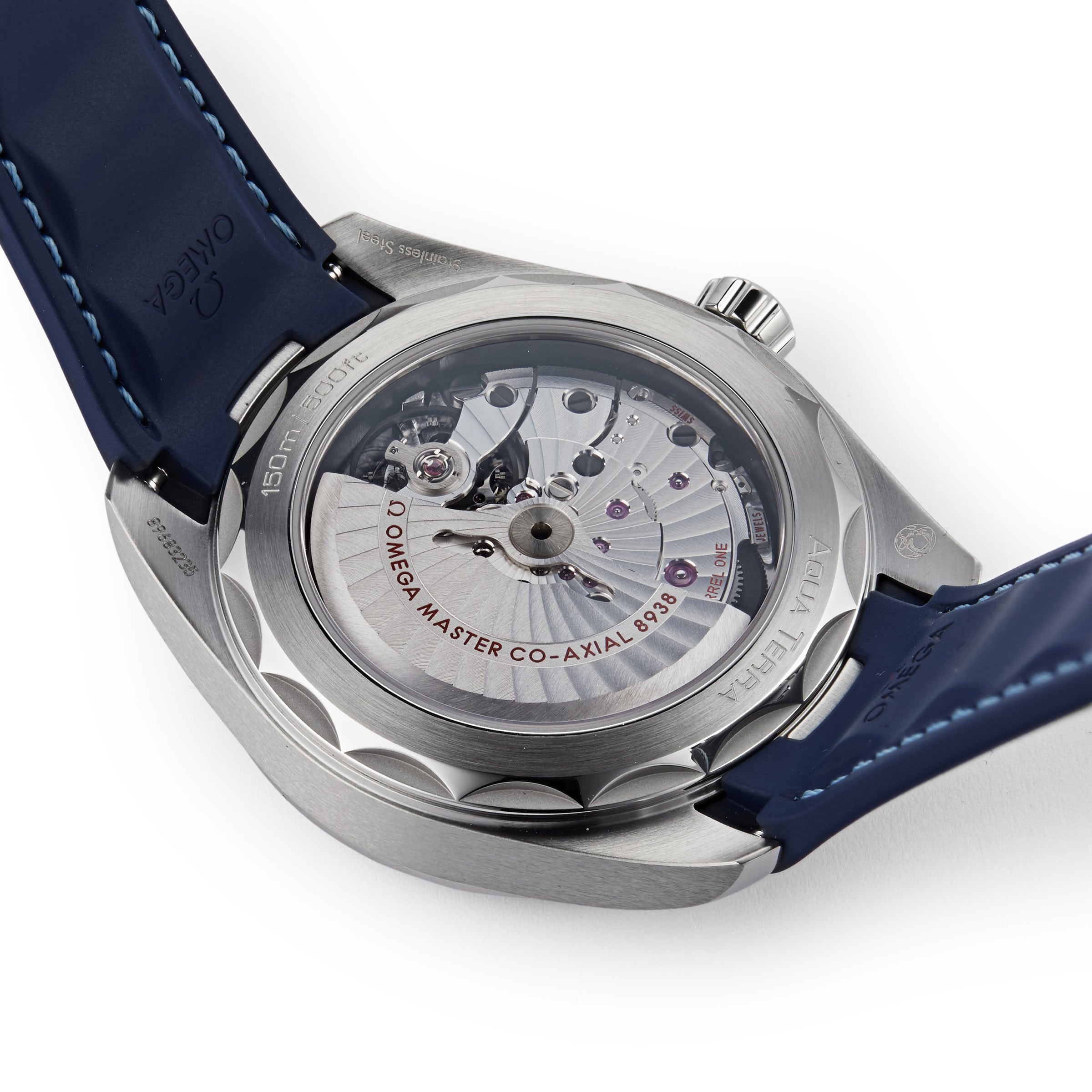 Close-up of the OMEGA Seamaster Aqua Terra 150Ms back, highlighting its exposed mechanical movement and engraved details through the transparent caseback.