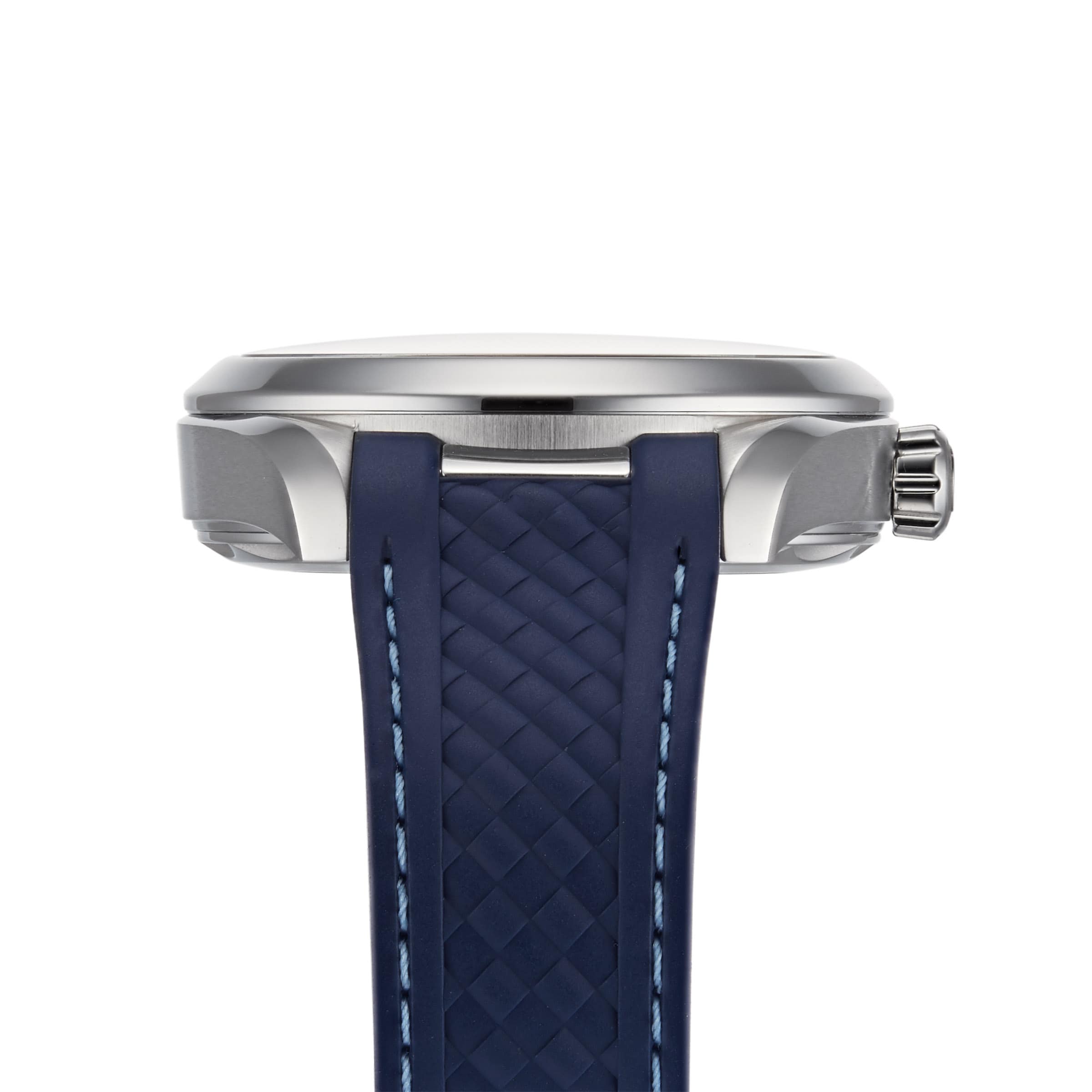 Side view of the OMEGA Seamaster Aqua Terra 150M case, featuring a blue textured strap and metal crown, set against a white background.