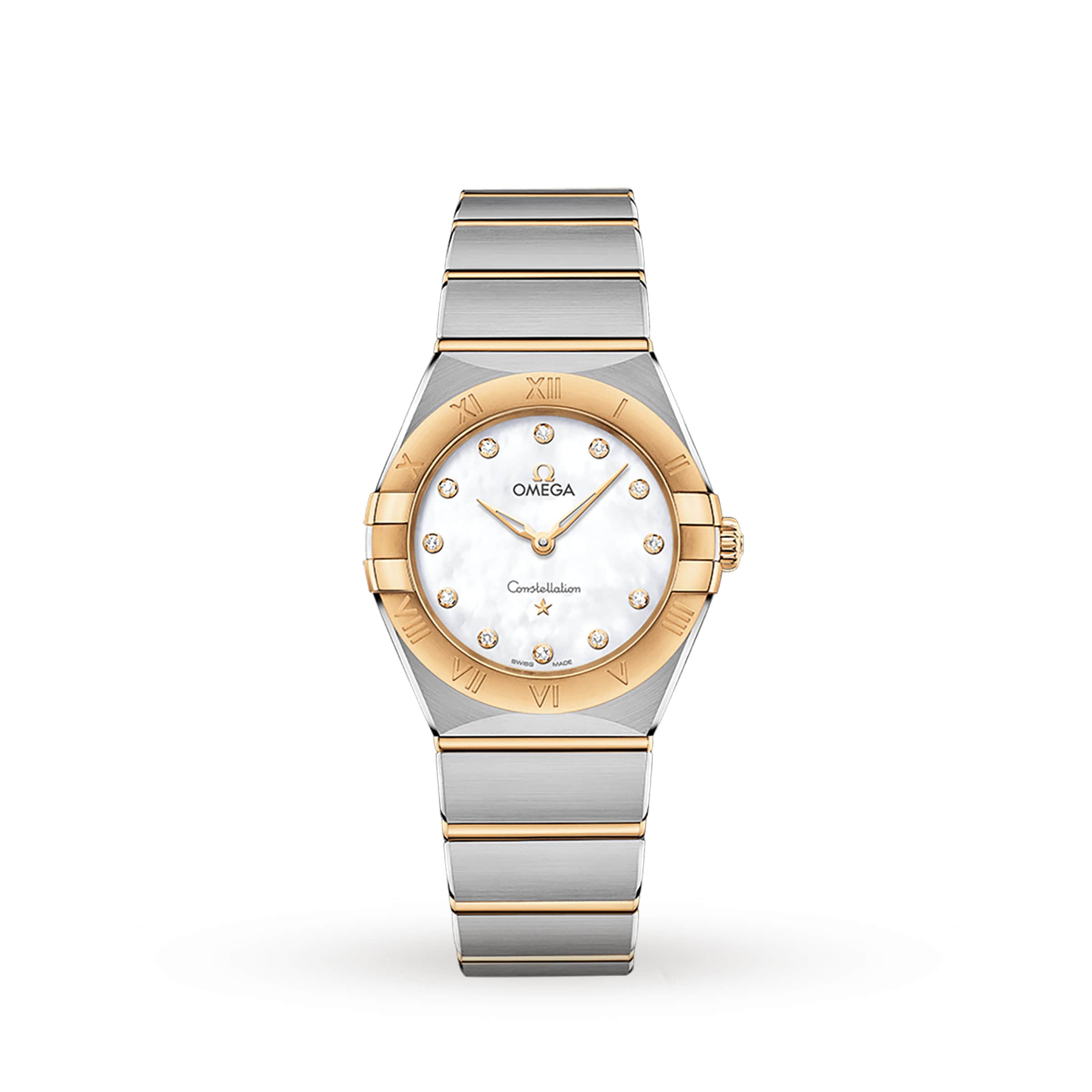 The OMEGA Constellation watch showcases an 18K yellow gold bezel, white mother-of-pearl dial with diamond hour markers, and a refined metal bracelet, all displayed on a white background.