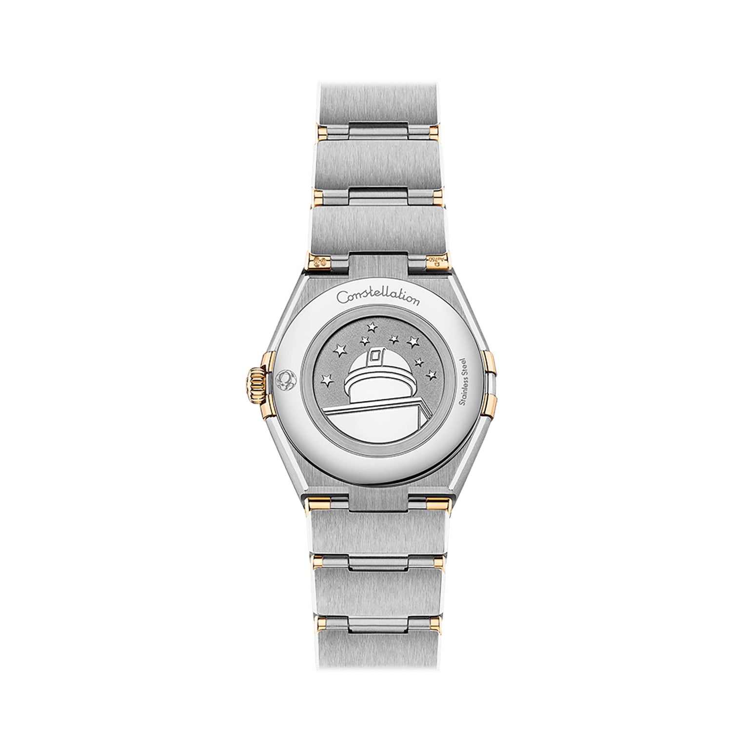 The OMEGA Constellation wristwatch, crafted in silver and 18K yellow gold, is displayed from the back with an engraved observatory and stars on the case.
