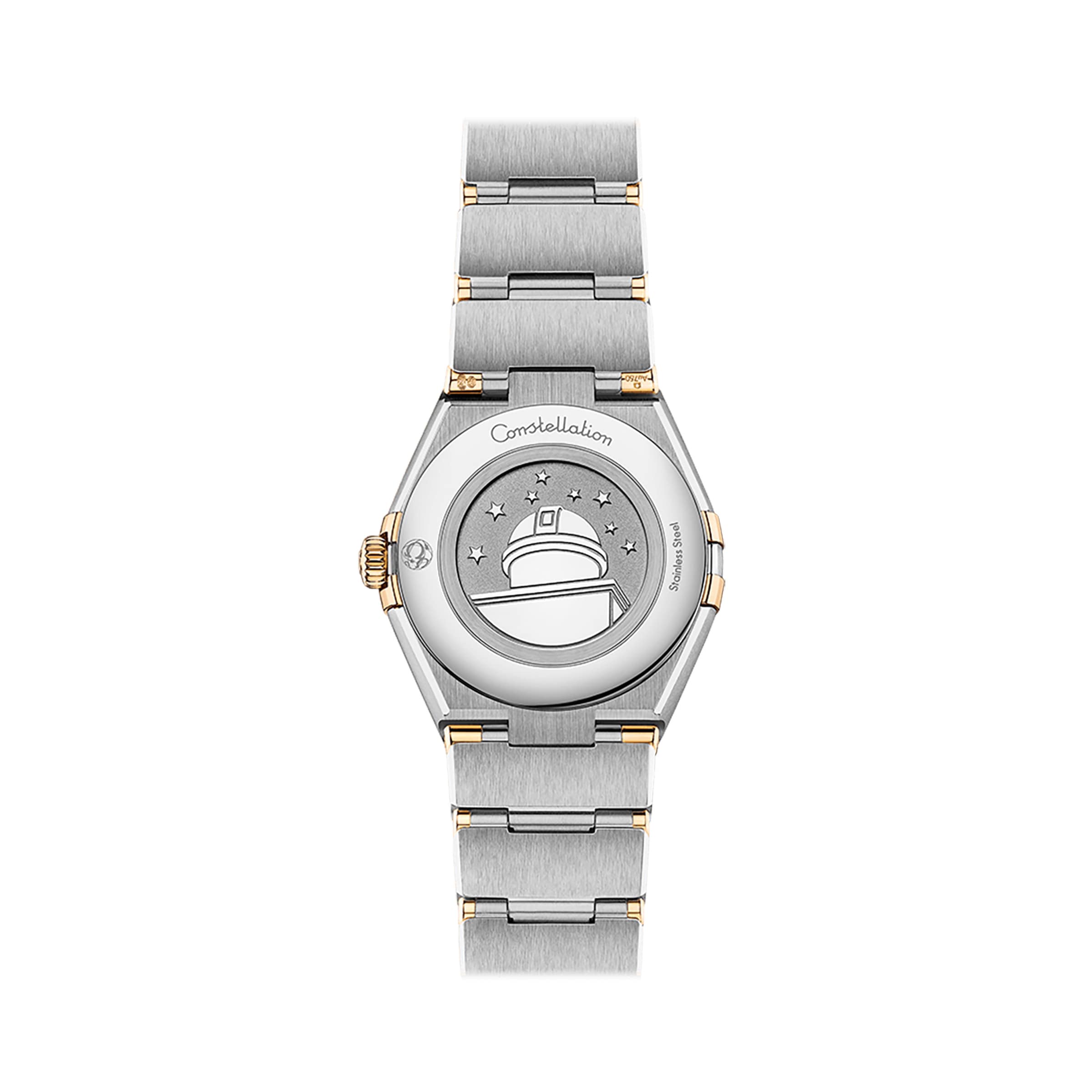 The OMEGA Constellation wristwatch, crafted in silver and 18K yellow gold, is displayed from the back with an engraved observatory and stars on the case.