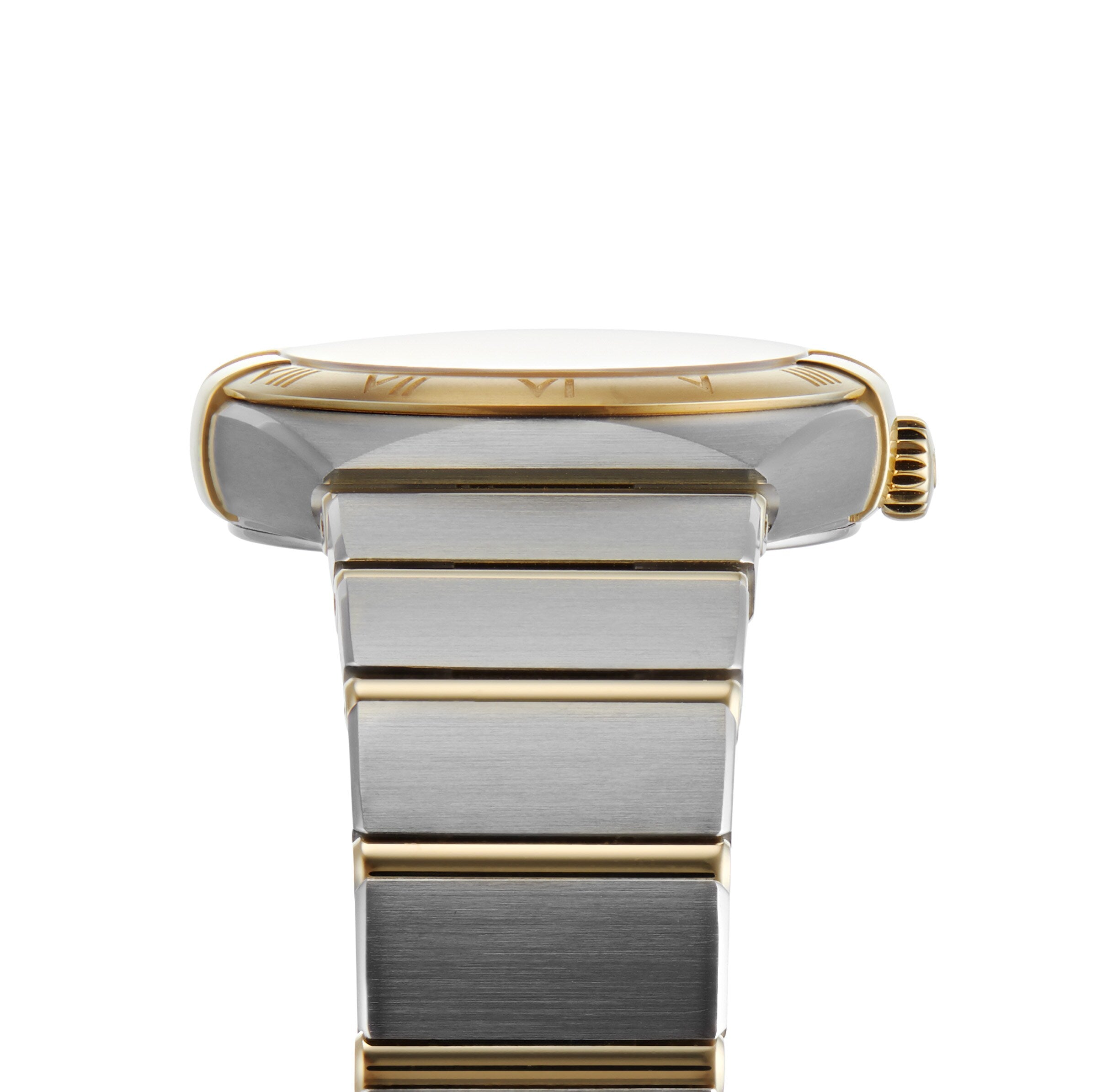 Side view of the OMEGA Constellation watch, featuring a gold and silver band, thin 18K yellow gold bezel with Roman numerals, crown detail, and elegant diamond hour markers.