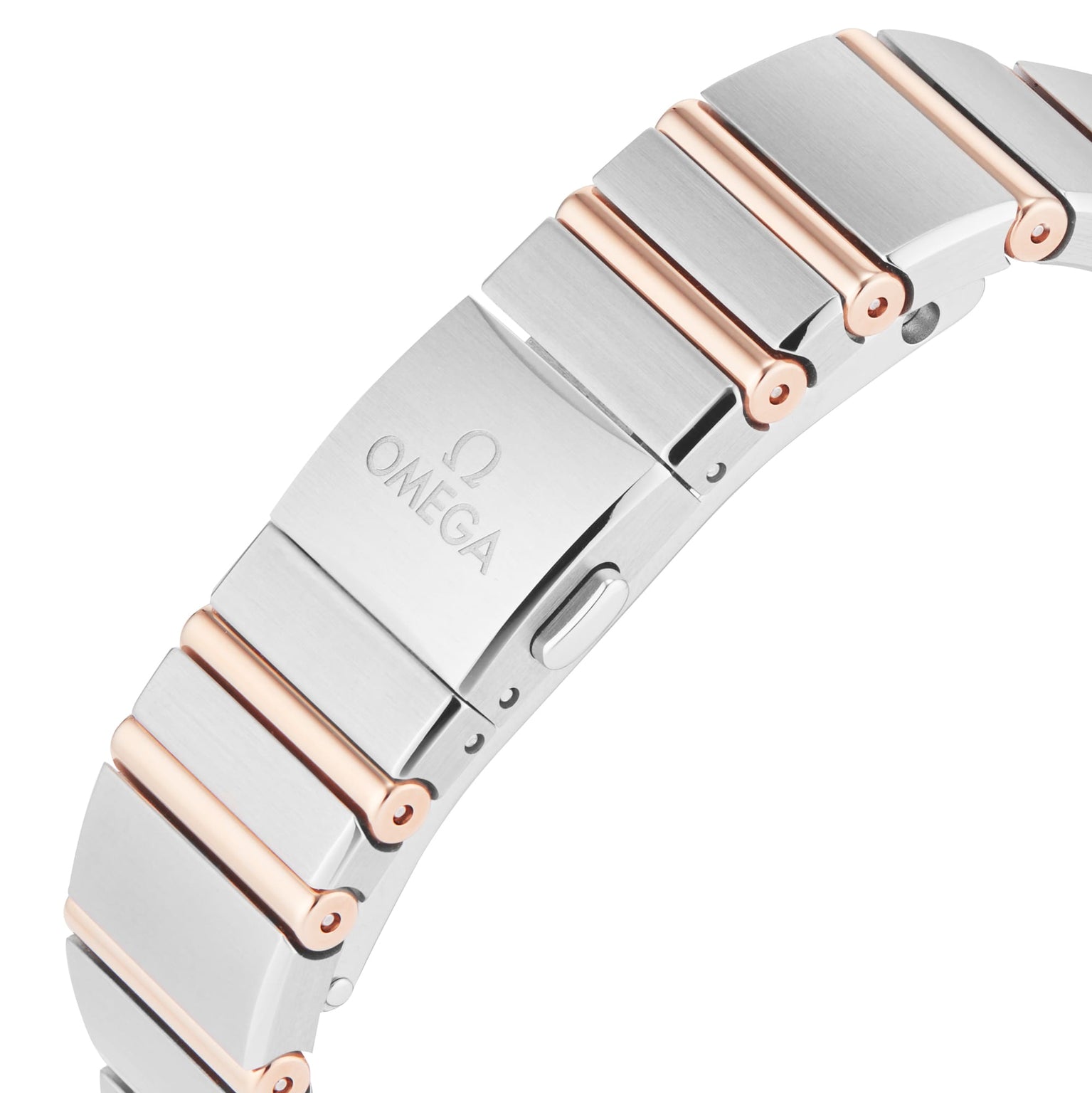 Close-up of an OMEGA Constellation bracelet featuring alternating silver and rose gold links, with the OMEGA logo engraved on the clasp—a signature touch of this refined timepiece.