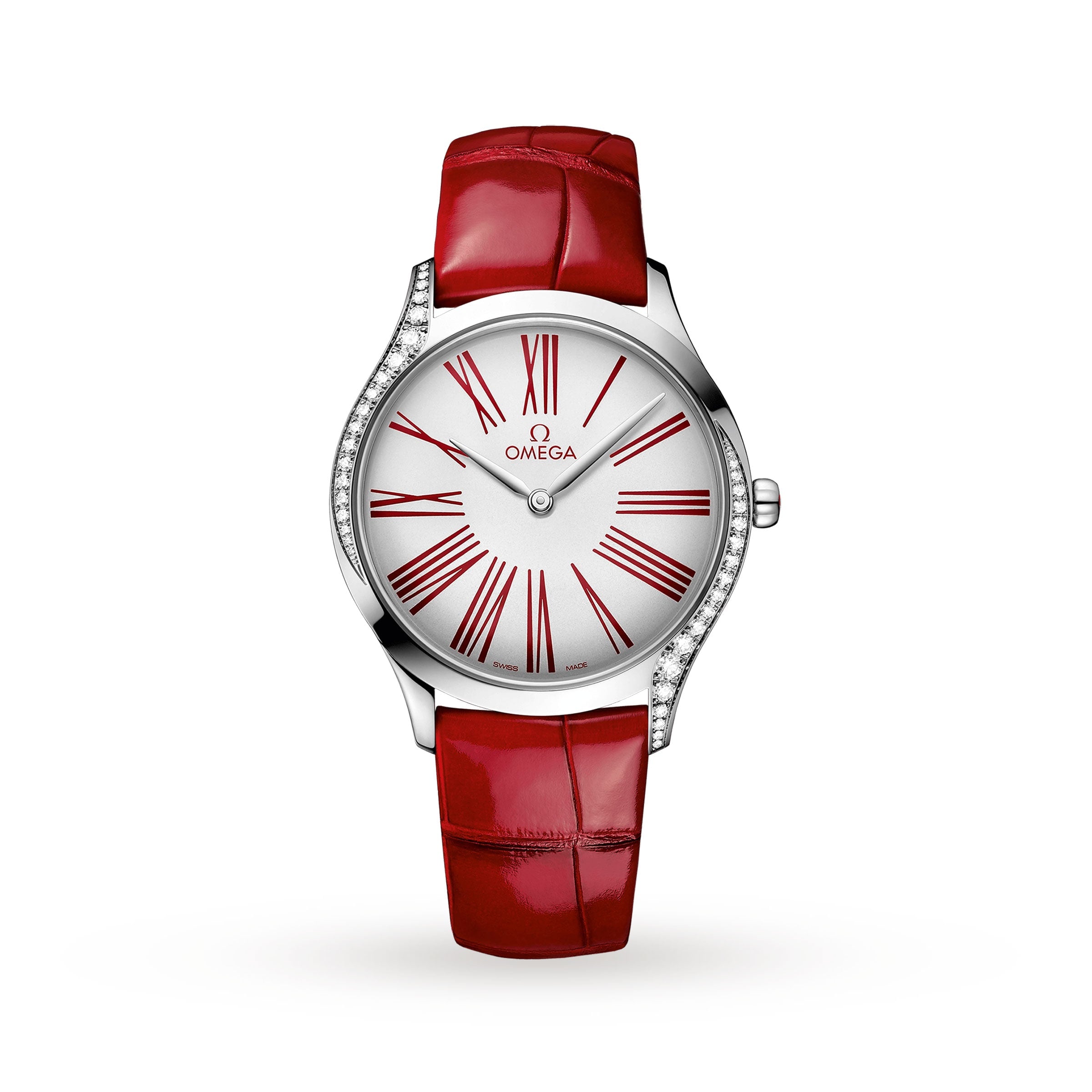 OMEGA’s De Ville Tresor 36 features a silver dial with red Roman numerals, a red leather strap, and sparkling diamonds on one side of the stainless steel case—a striking diamond-accented wristwatch.