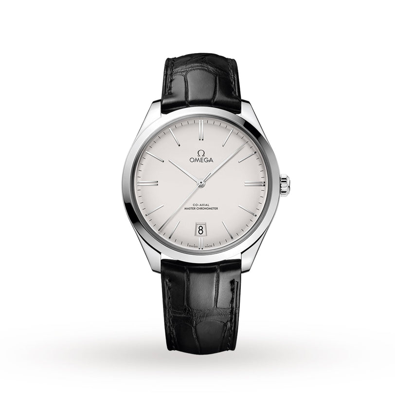 An OMEGA De Ville Trésor wristwatch in silver with a white dial, black leather strap, minimal hour markers, and a date window at 6 o’clock, powered by the Master Co-Axial Calibre 8910, displayed on a plain white background.