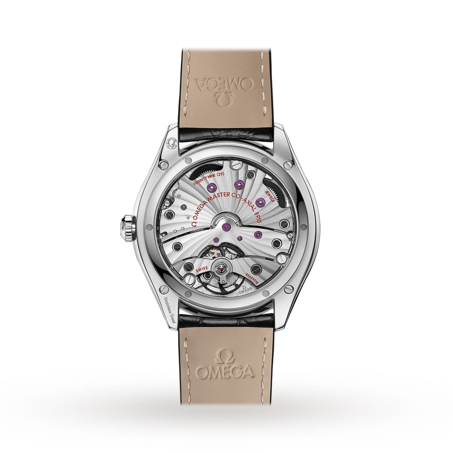 Back view of the OMEGA De Ville Trésor reveals the Master Co-Axial Calibre 8910 through its transparent case, paired with a beige leather strap featuring the OMEGA logo.