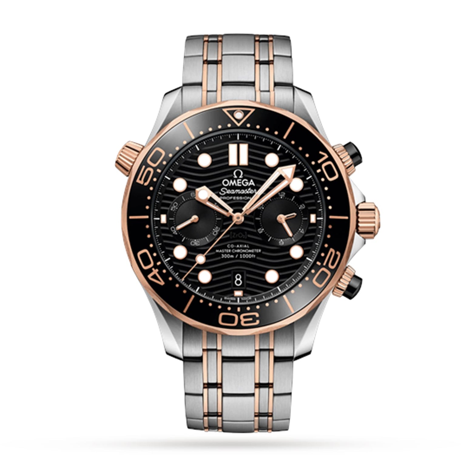 The OMEGA Seamaster Diver 300M features a black and gold 18K Sedna™ gold bezel, black dial, date display, and a stainless steel bracelet with gold accents for a sophisticated look combined with Master Chronometer precision.