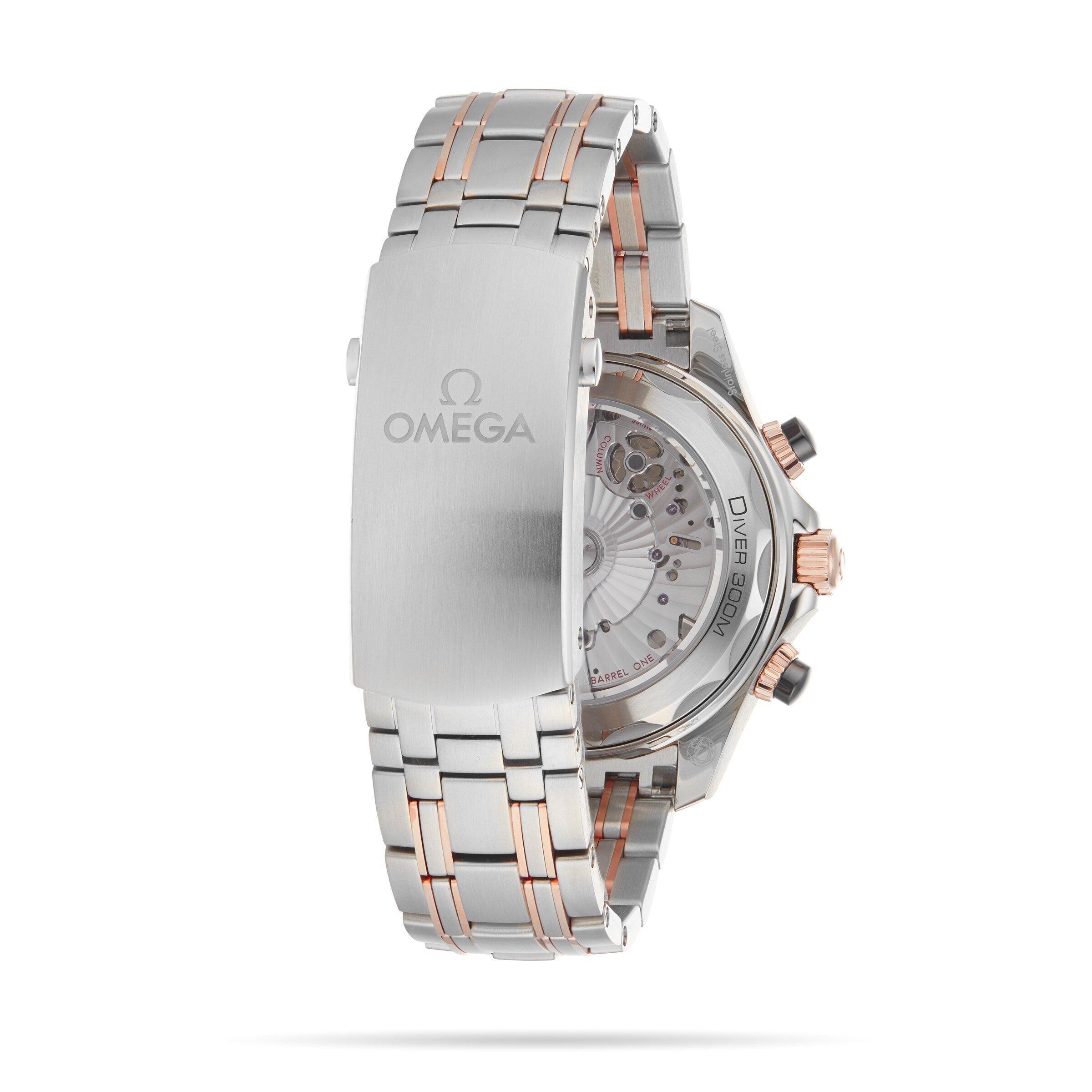 An OMEGA Seamaster Diver 300M wristwatch in stainless steel and 18K Sedna™ gold is shown from the back, highlighting the Omega-logo clasp and a transparent case back that reveals the Master Chronometer movement.