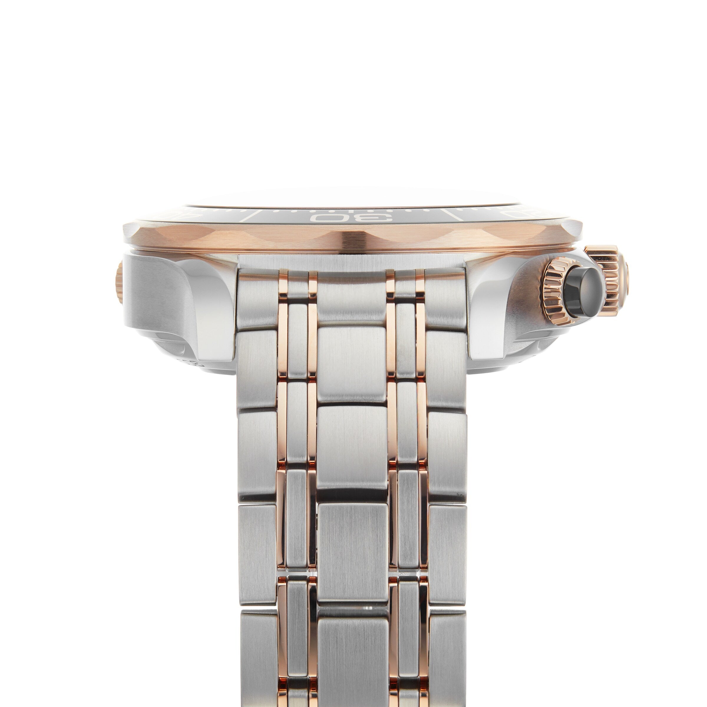 Close-up of the OMEGA Seamaster Diver 300M in 18K Sedna™ gold, highlighting its side profile, crown, and bracelet links against a white background.