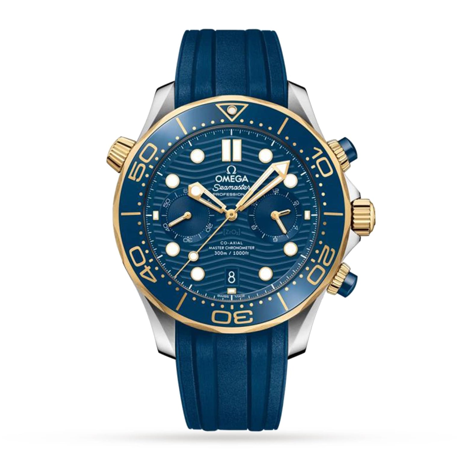 The OMEGA Seamaster Diver 300M features a blue dial and strap, gold and silver accents, three subdials, Ceragold™ diving scale bezel, luminous markers, and is Master Chronometer certified for outstanding precision.