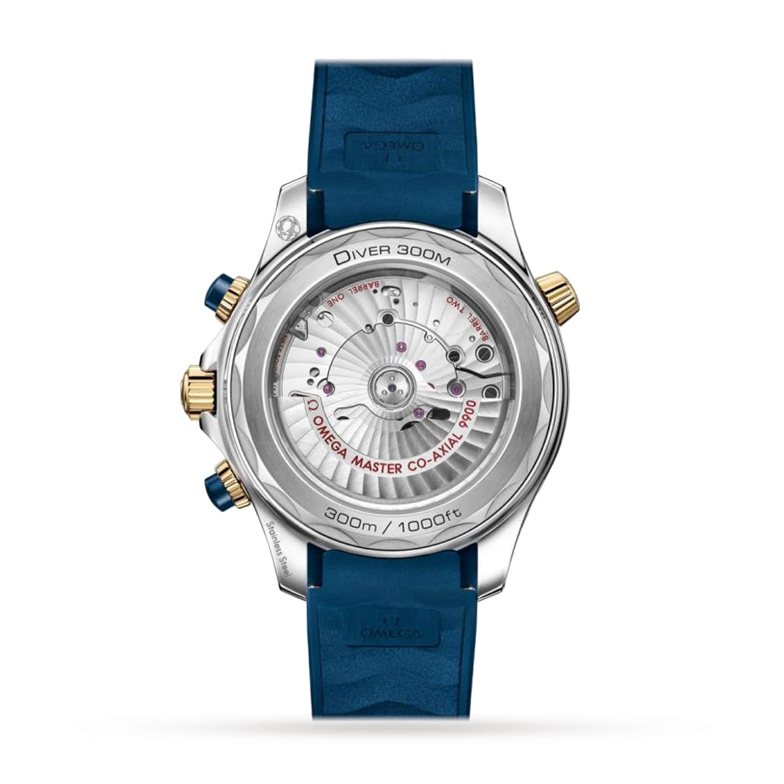 The back of the OMEGA Seamaster Diver 300M displays a transparent case revealing the movement, blue strap, gold and silver detailing, and boasts Master Chronometer certification.