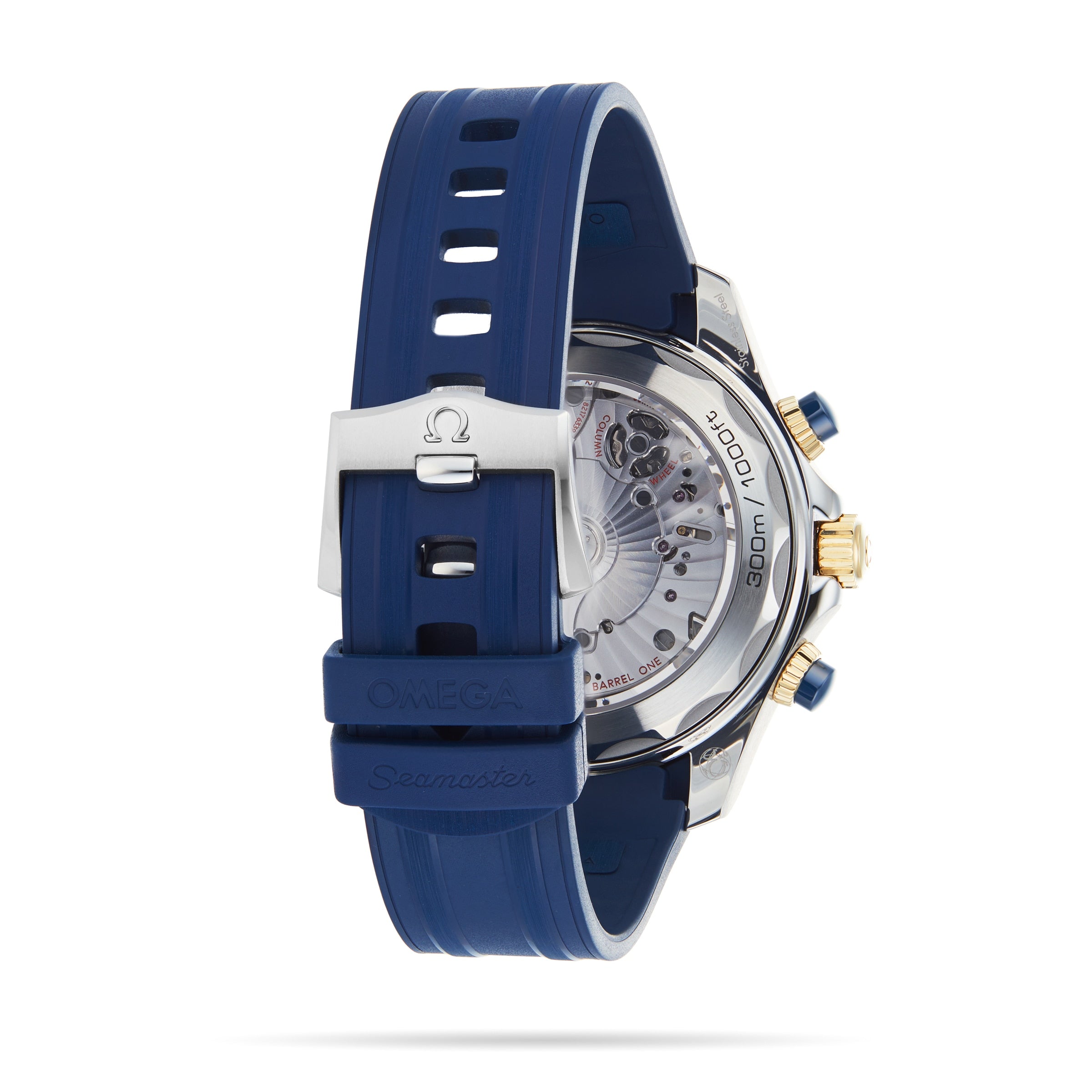Rear view of the OMEGA Seamaster Diver 300M featuring a blue rubber strap, stainless steel buckle, and a transparent case back showcasing the Master Chronometer movement.