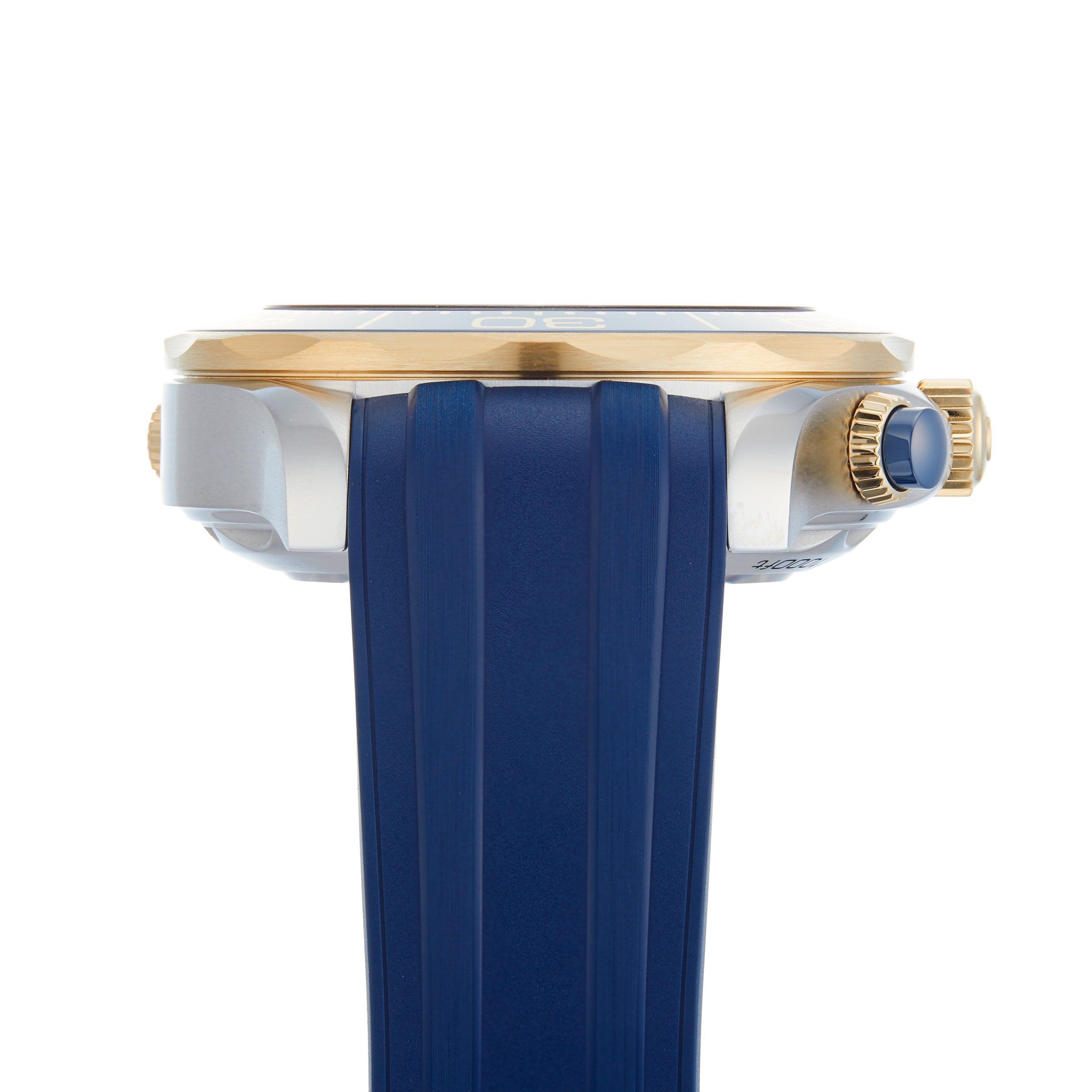 Side view of the OMEGA Seamaster Diver 300M with blue strap, gold bezel and crown, showcasing the Ceragold™ diving scale and Master Chronometer case.