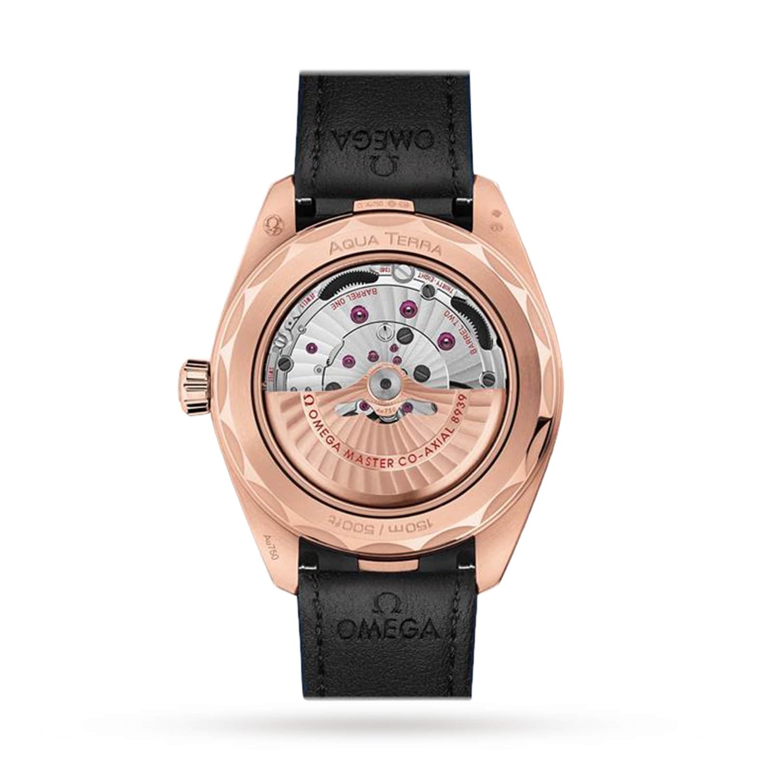 The back of the OMEGA Seamaster Aqua Terra 150M showcases its exposed automatic movement in an 18K Sedna™ Gold case, elegantly paired with a black leather strap.