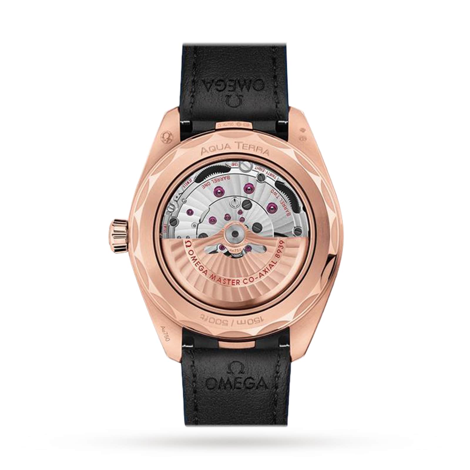 The back of the OMEGA Seamaster Aqua Terra 150M showcases its exposed automatic movement in an 18K Sedna™ Gold case, elegantly paired with a black leather strap.