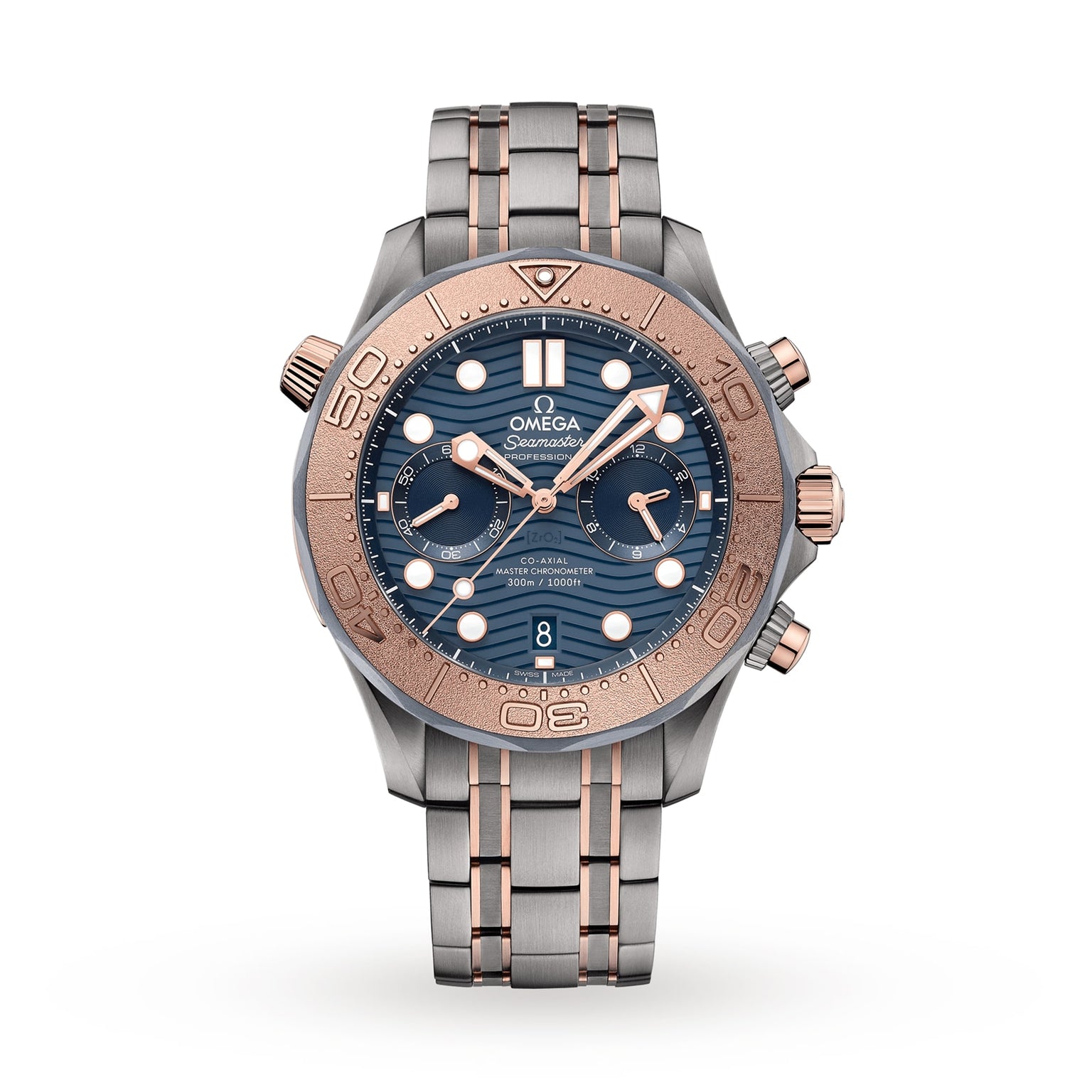 OMEGA Seamaster luxury watch with blue dial, rose gold bezel, and two-tone strap features Calibre 9900 Co-Axial Master Chronometer chronograph subdials and bold hour markers, shown against a white background.