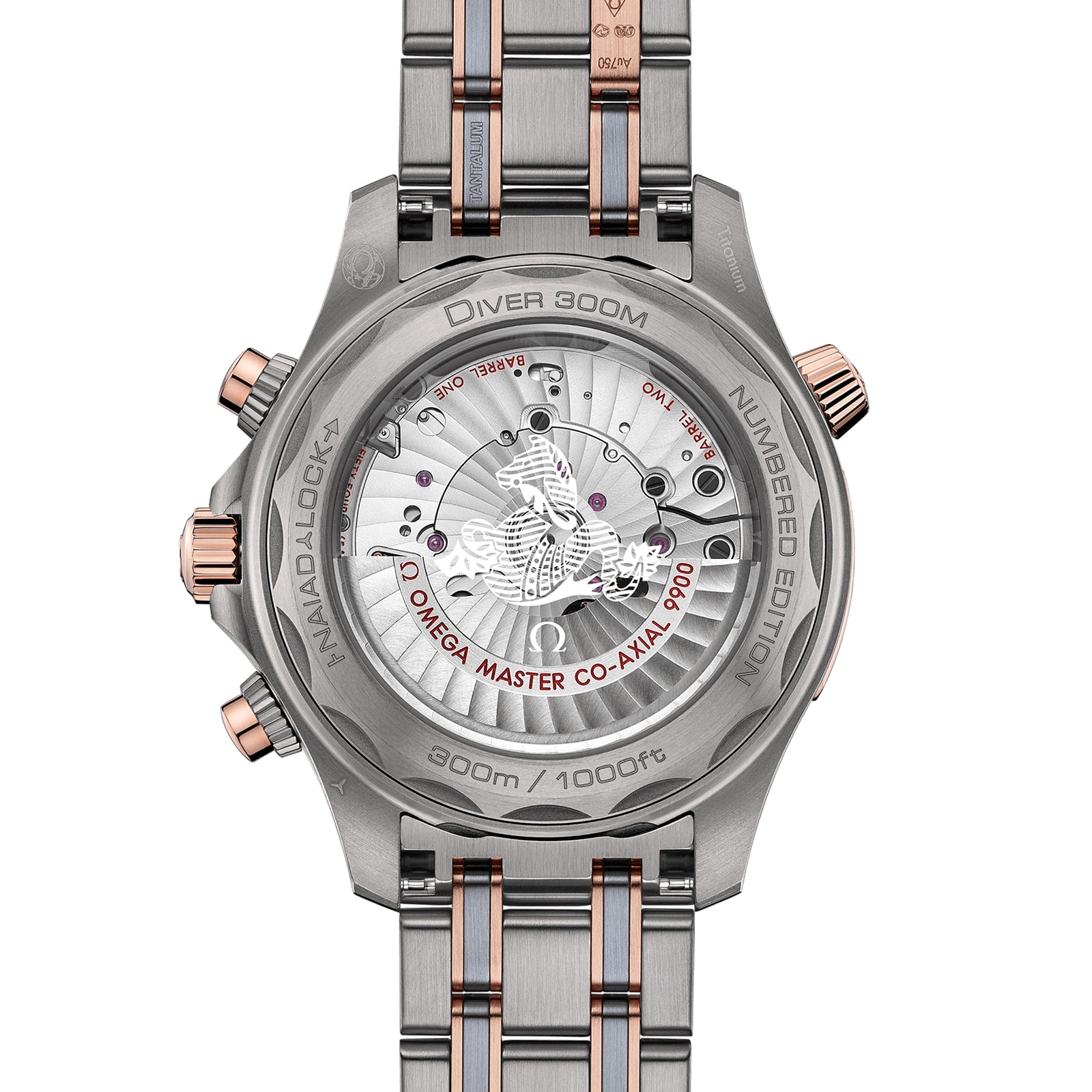 Back view of the OMEGA Seamaster, displaying its transparent case back with Calibre 9900 movement details and engraved text on a two-tone metal and rose gold bracelet.