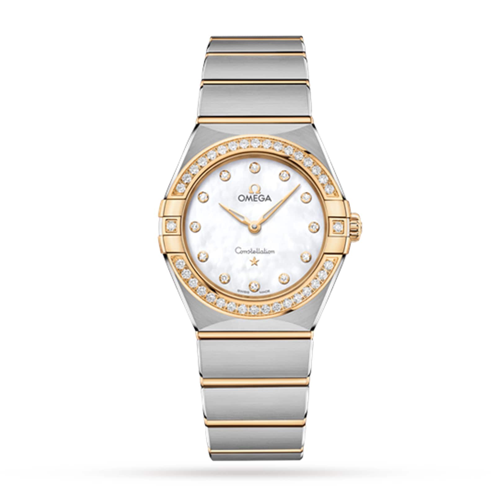 The OMEGA Constellation showcases a white mother-of-pearl dial with diamond hour markers, 18K yellow gold accents, a diamond-paved bezel, and a metal bracelet for a refined look.