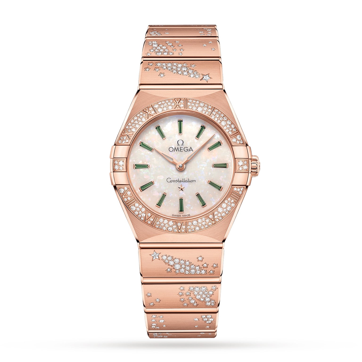 The OMEGA Constellation features an 18K Sedna™ gold case, mother-of-pearl dial with diamond hour markers, and snow-paved diamonds in star and comet patterns on the bezel and bracelet.