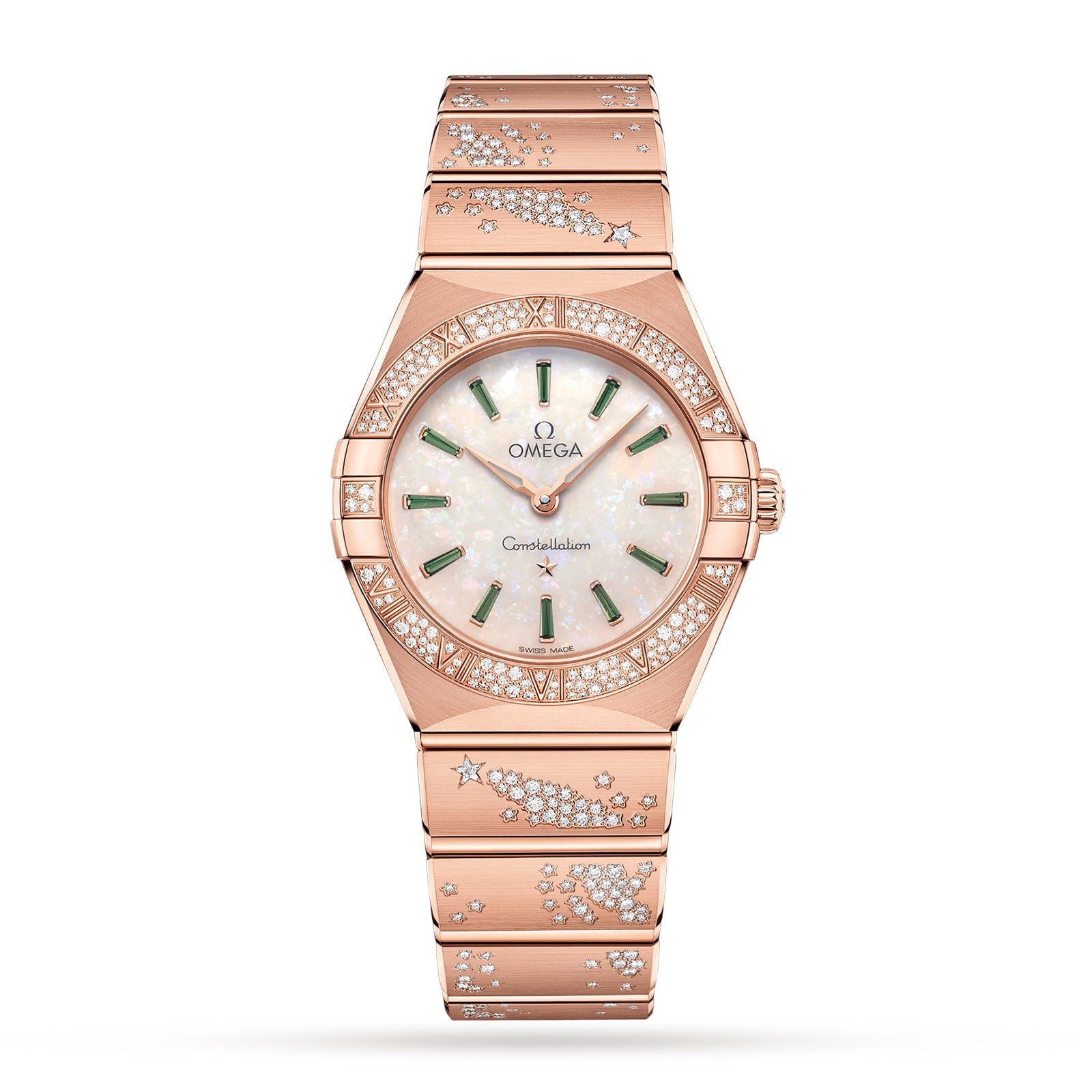 The OMEGA Constellation features an 18K Sedna™ gold case, mother-of-pearl dial with diamond hour markers, and snow-paved diamonds in star and comet patterns on the bezel and bracelet.