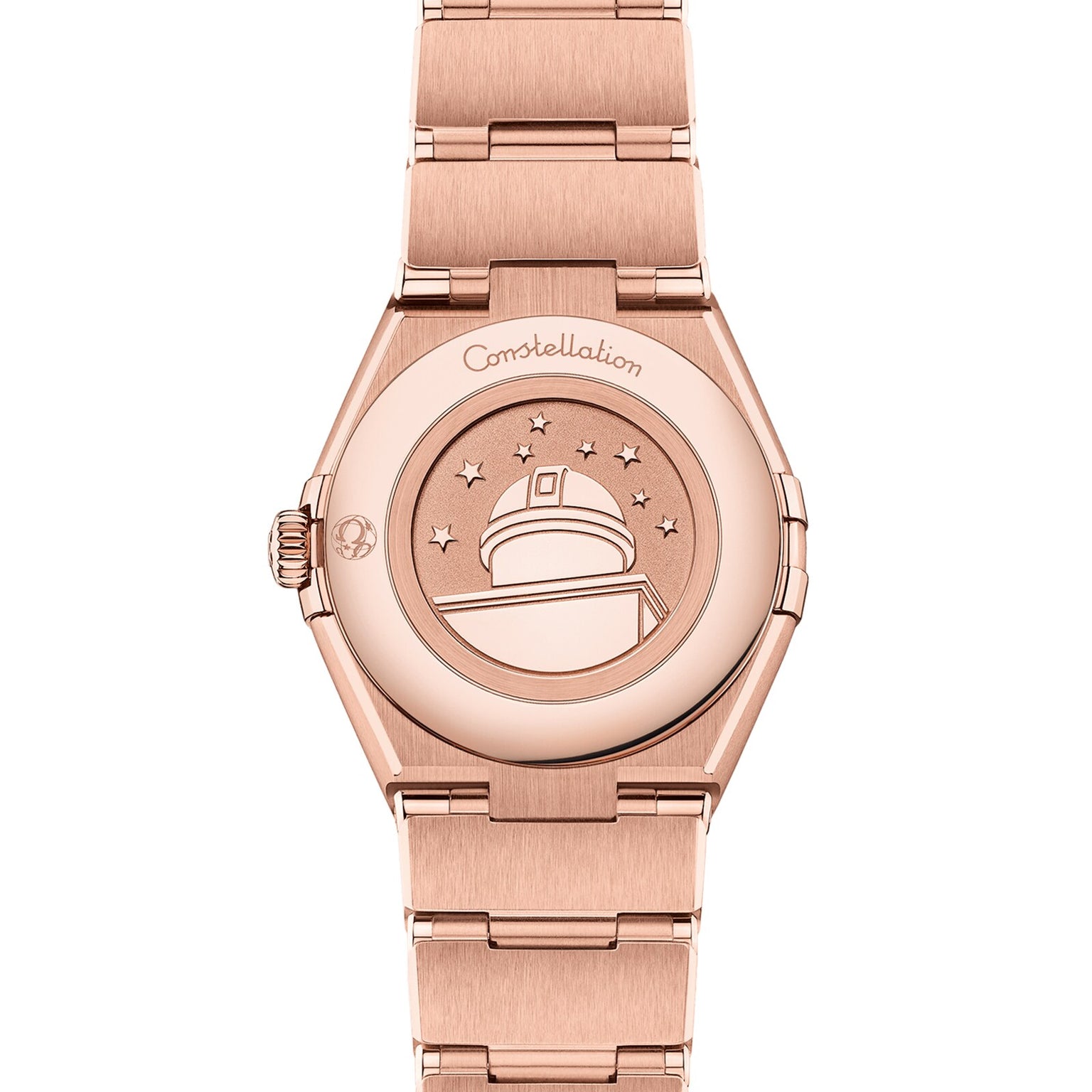 The OMEGA Constellation watch features a rose gold case with an engraved observatory dome, eight stars, Constellation, and is crafted in exquisite 18K Sedna™ gold.